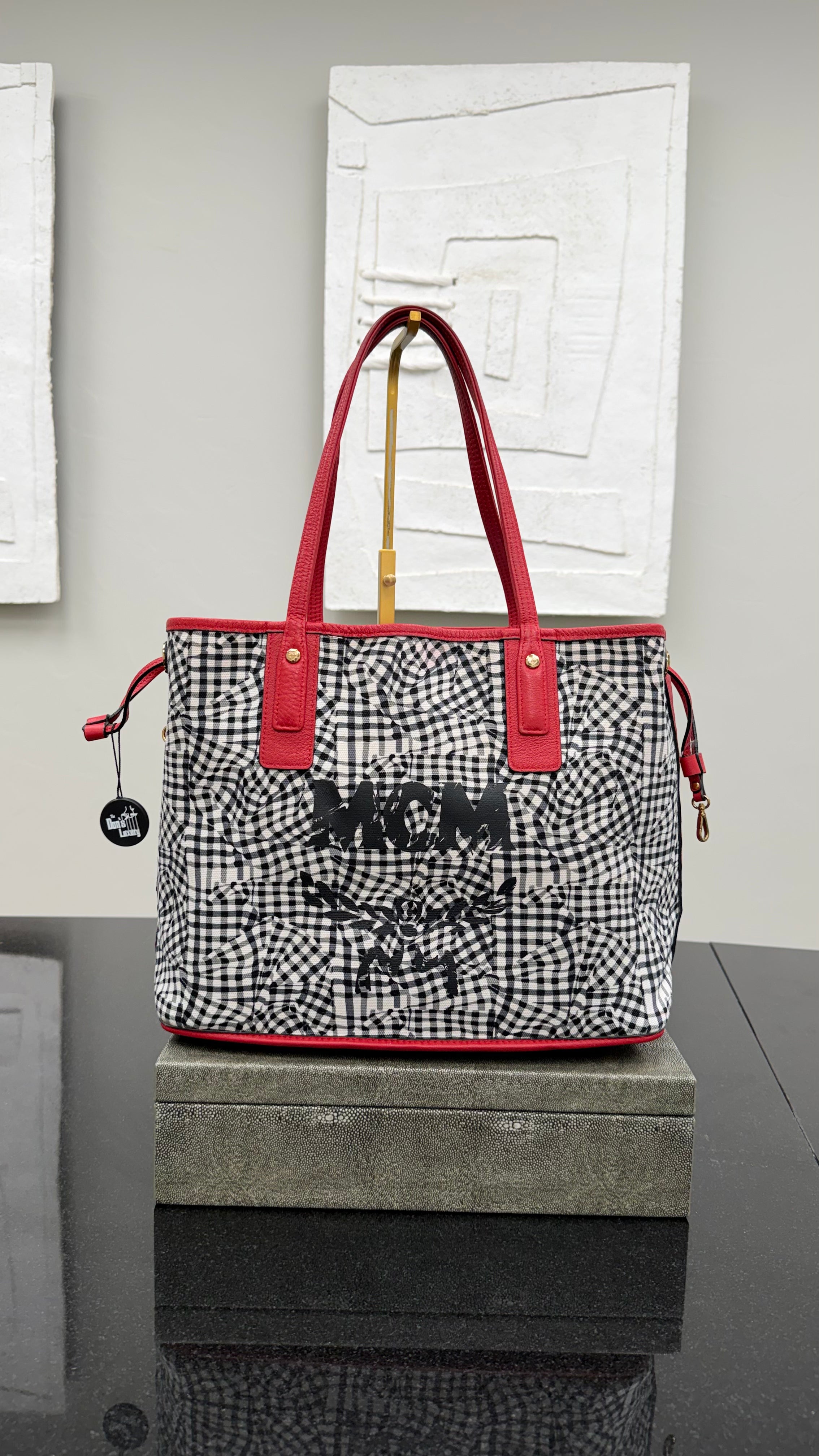 MCM White & Black Checkered Canvas & Red Visetos Leather Reversible Tote