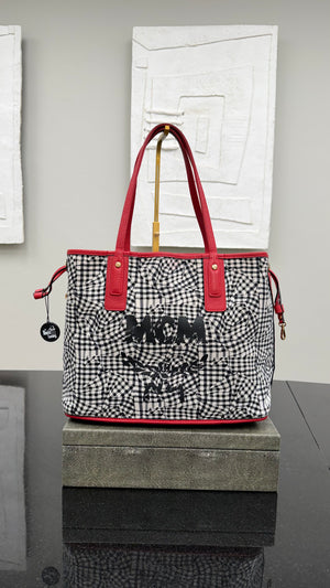 MCM White & Black Checkered Canvas & Red Visetos Leather Reversible Tote