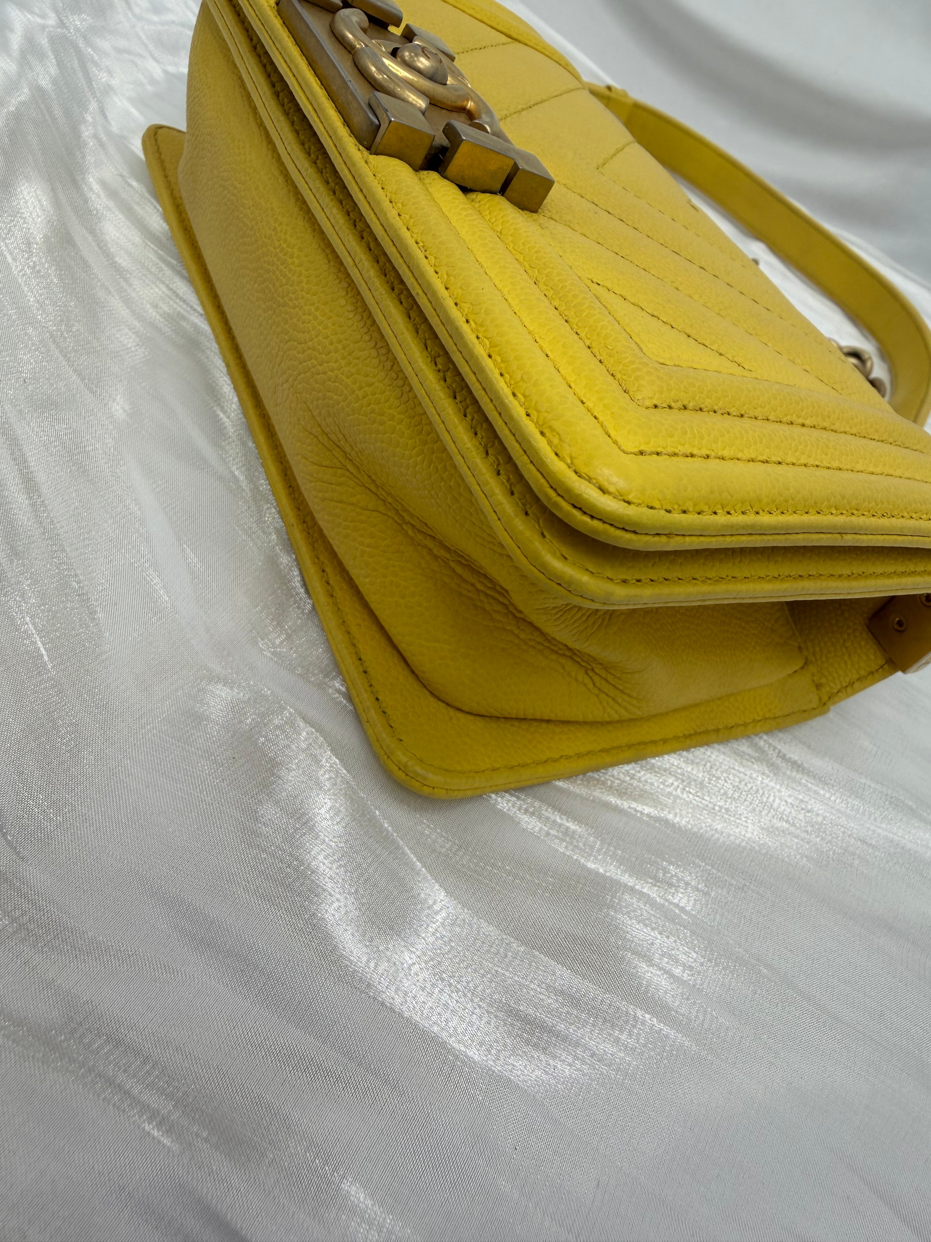 Chanel Yellow Chevron Caviar Leather Small Boy Flap Bag