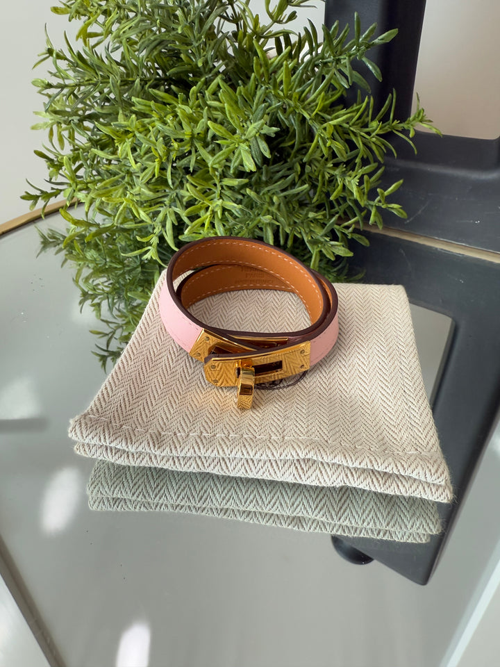 Hermes Pink Leather Double Wrap Kelly Tour Bracelet