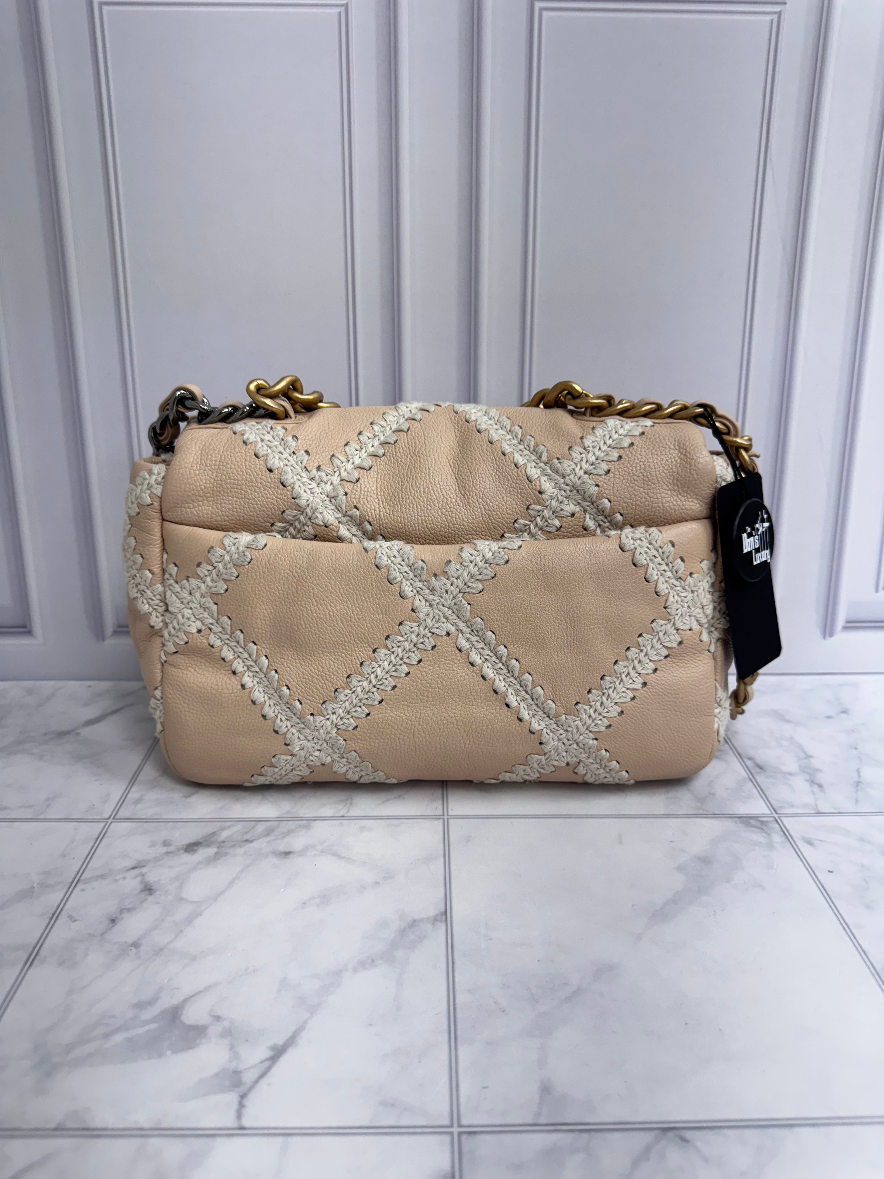 Chanel Beige Grained Leather And Crochet Stitch Chanel 19 Small Flap Bag