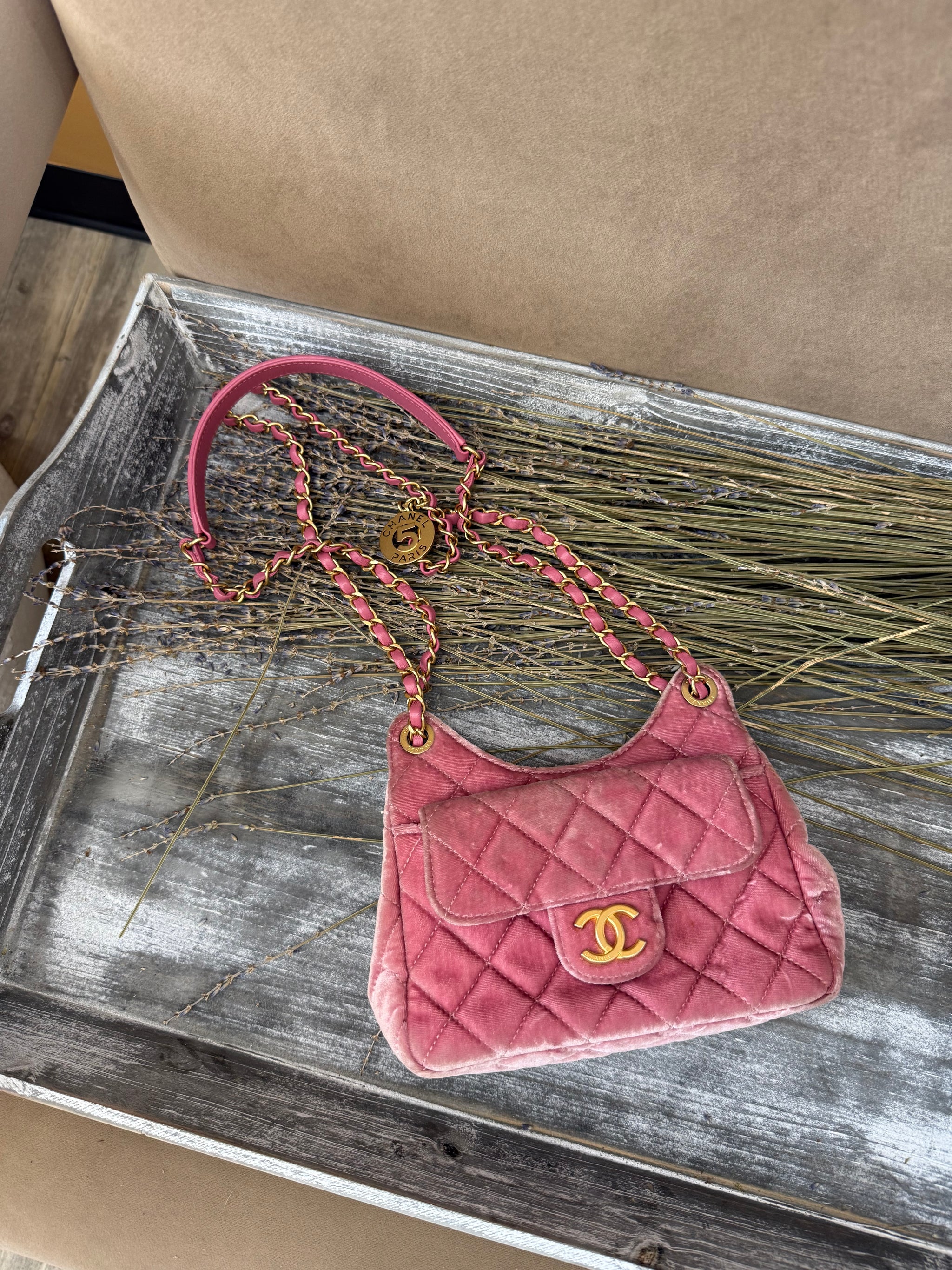 Chanel Pink Velvet Wavy Hobo Bag