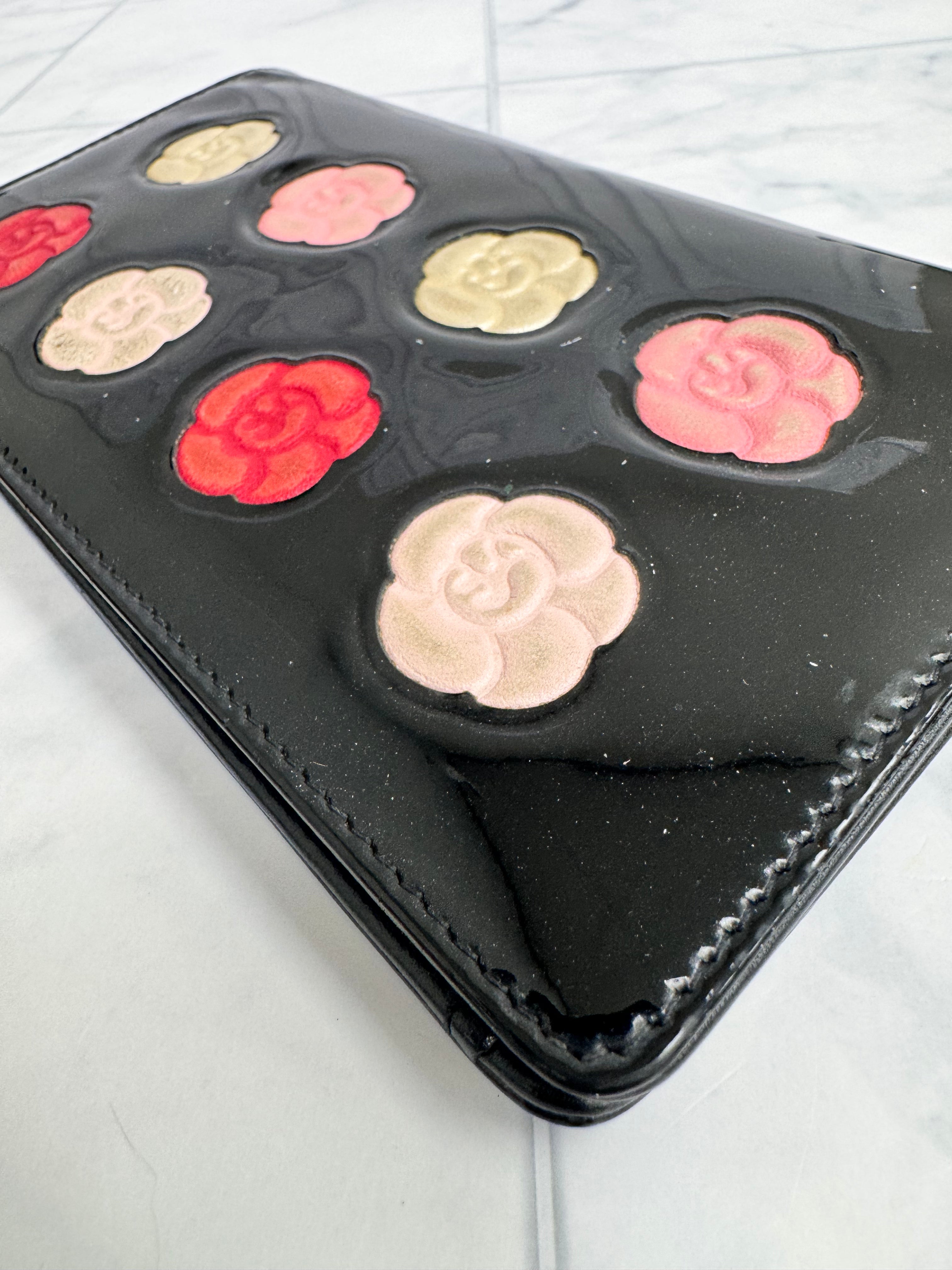 Chanel Black Patent Leather Camelia Flower Long Wallet