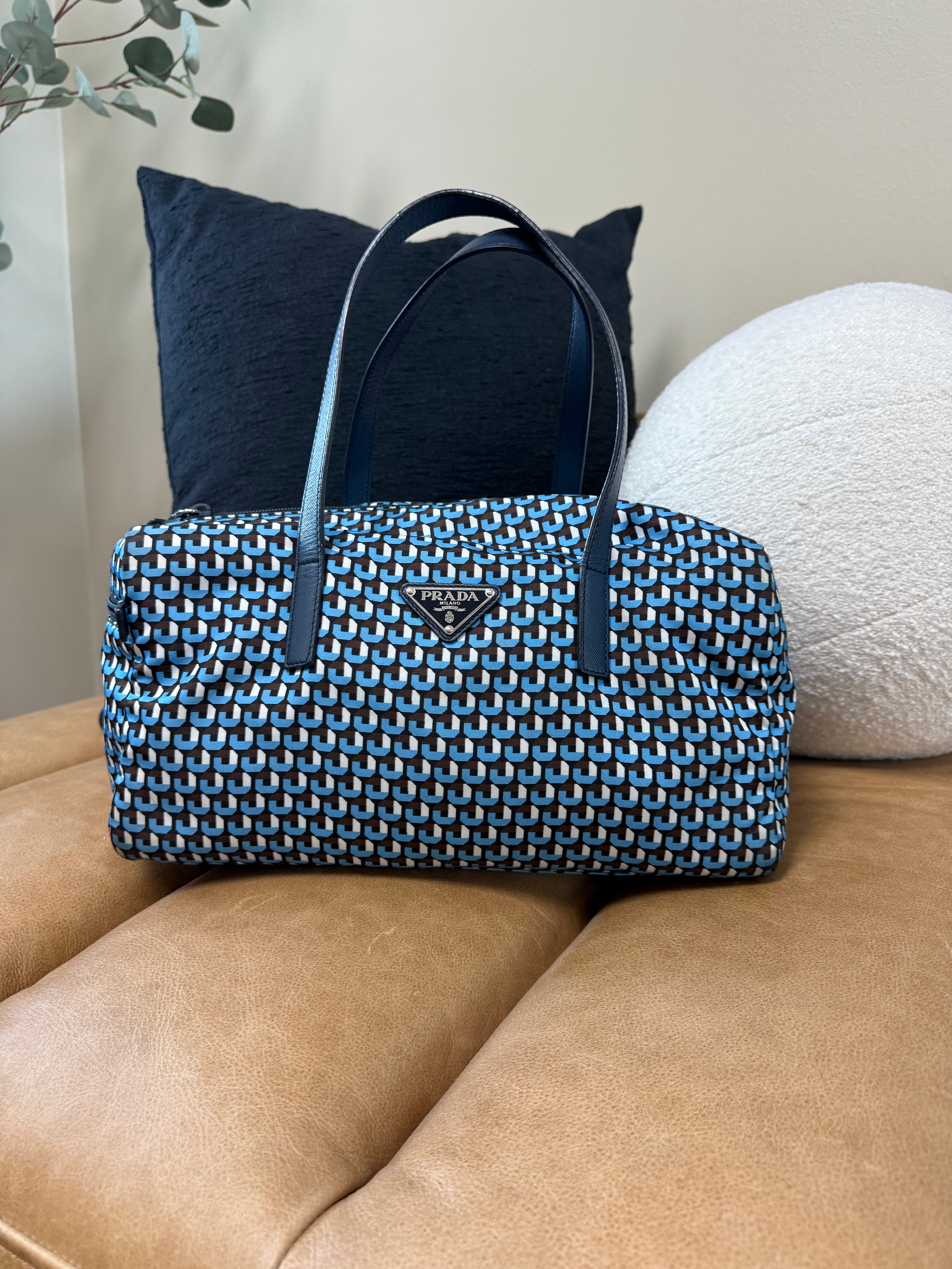 Prada Blue Tessuto Nylon Boston Bag