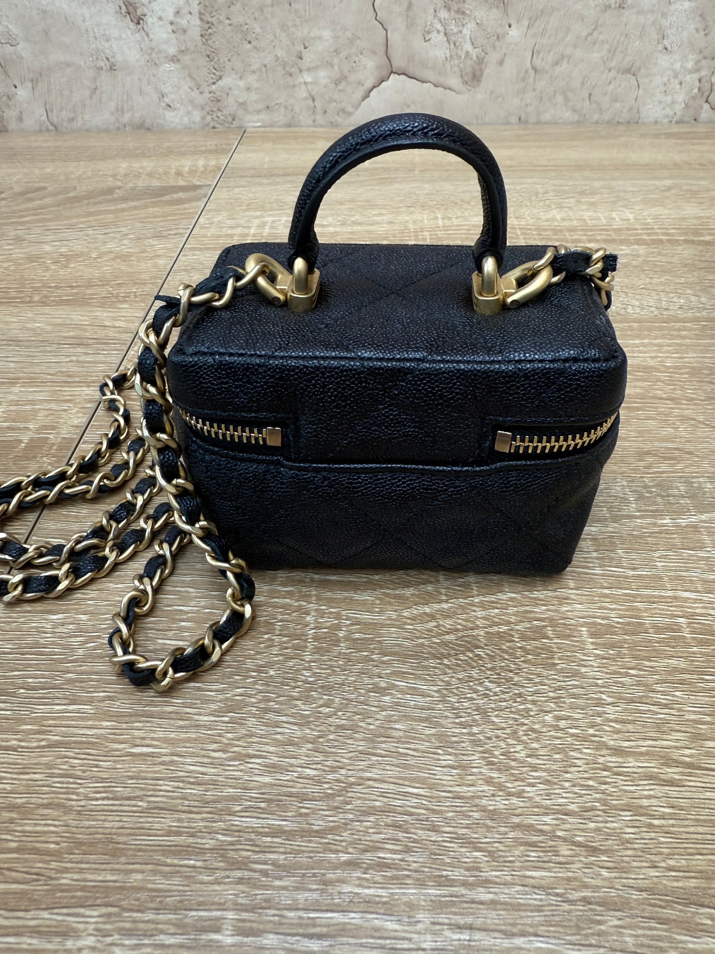 Chanel Black Caviar Quilted Mini Top Handle Vanity With Chain