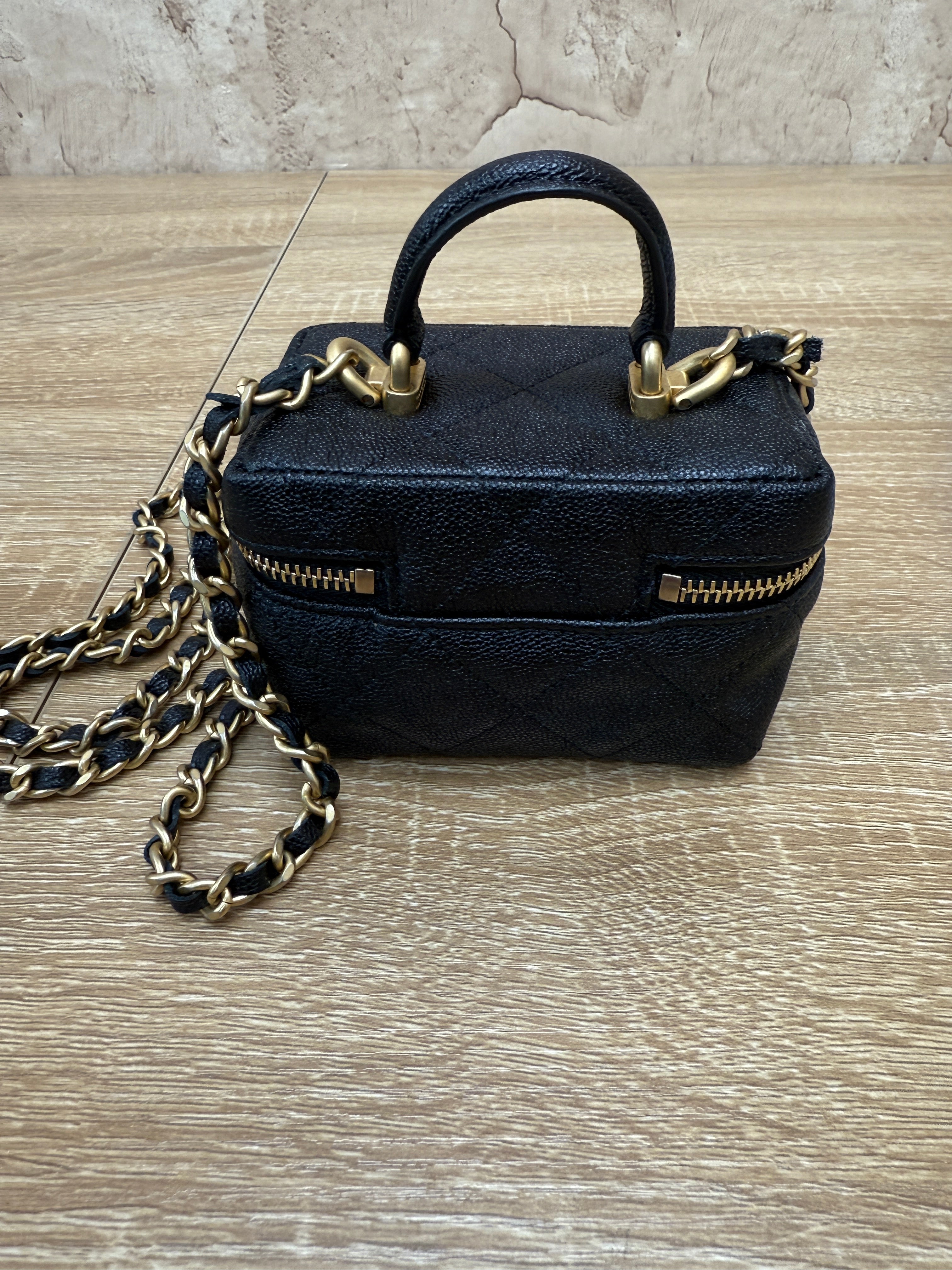 Chanel Black Caviar Quilted Mini Top Handle Vanity With Chain