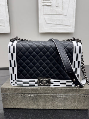Chanel Black Diamond Quilted Leather Checkerboard Trim Medium Boy Bag