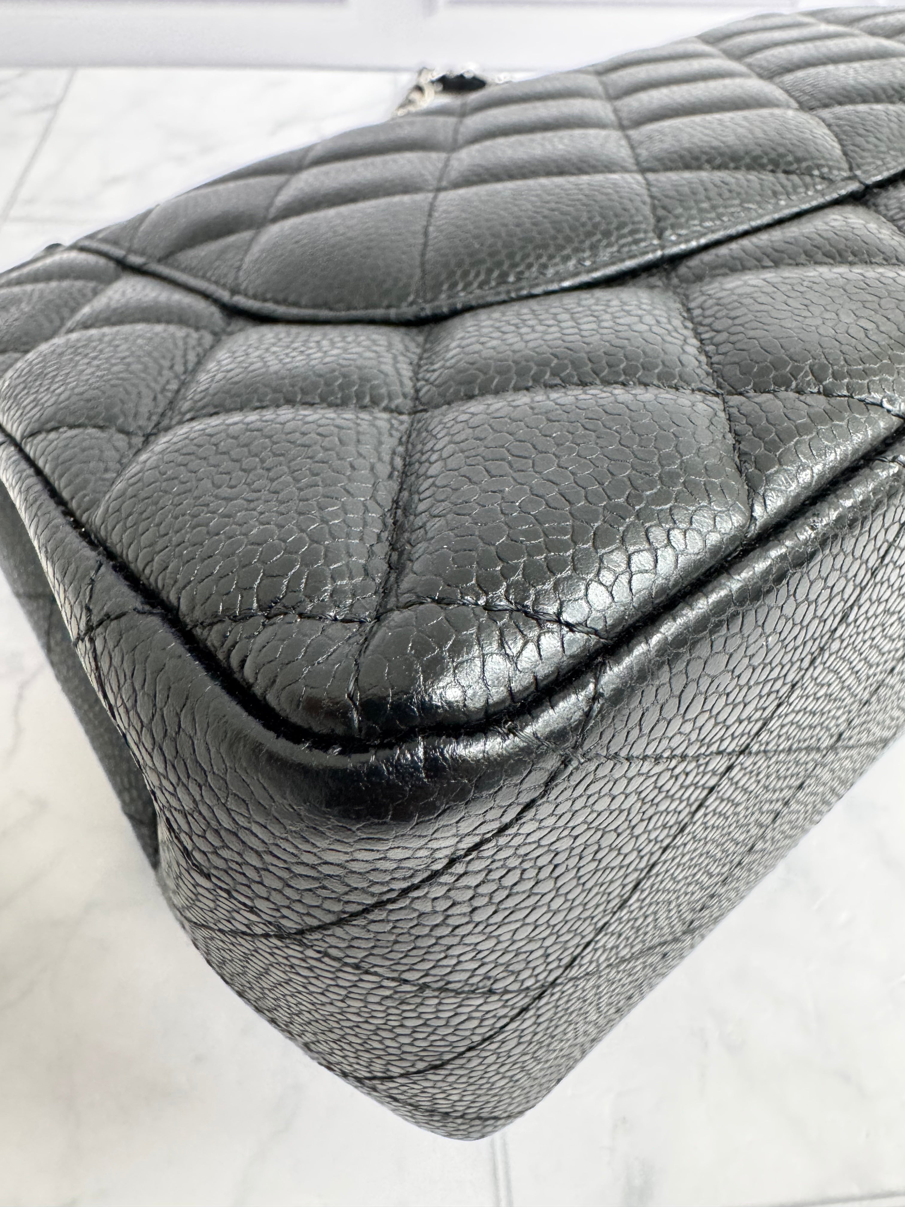 Chanel Black Diamond Quilted Caviar Leather Jumbo Classic Double Flap Bag