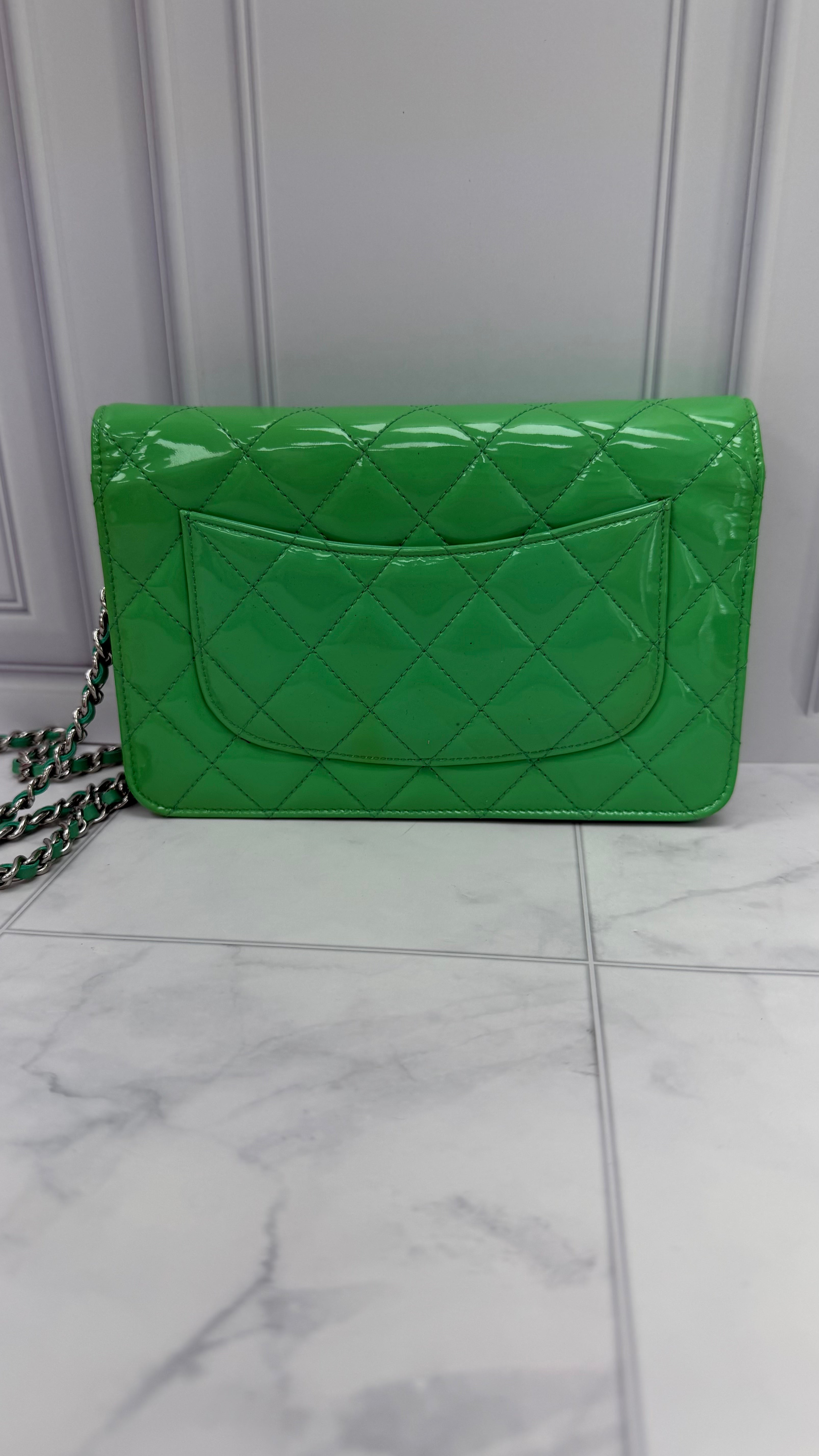 Chanel Seafoam Green Quilted Patent Leather Wallet on a Chain