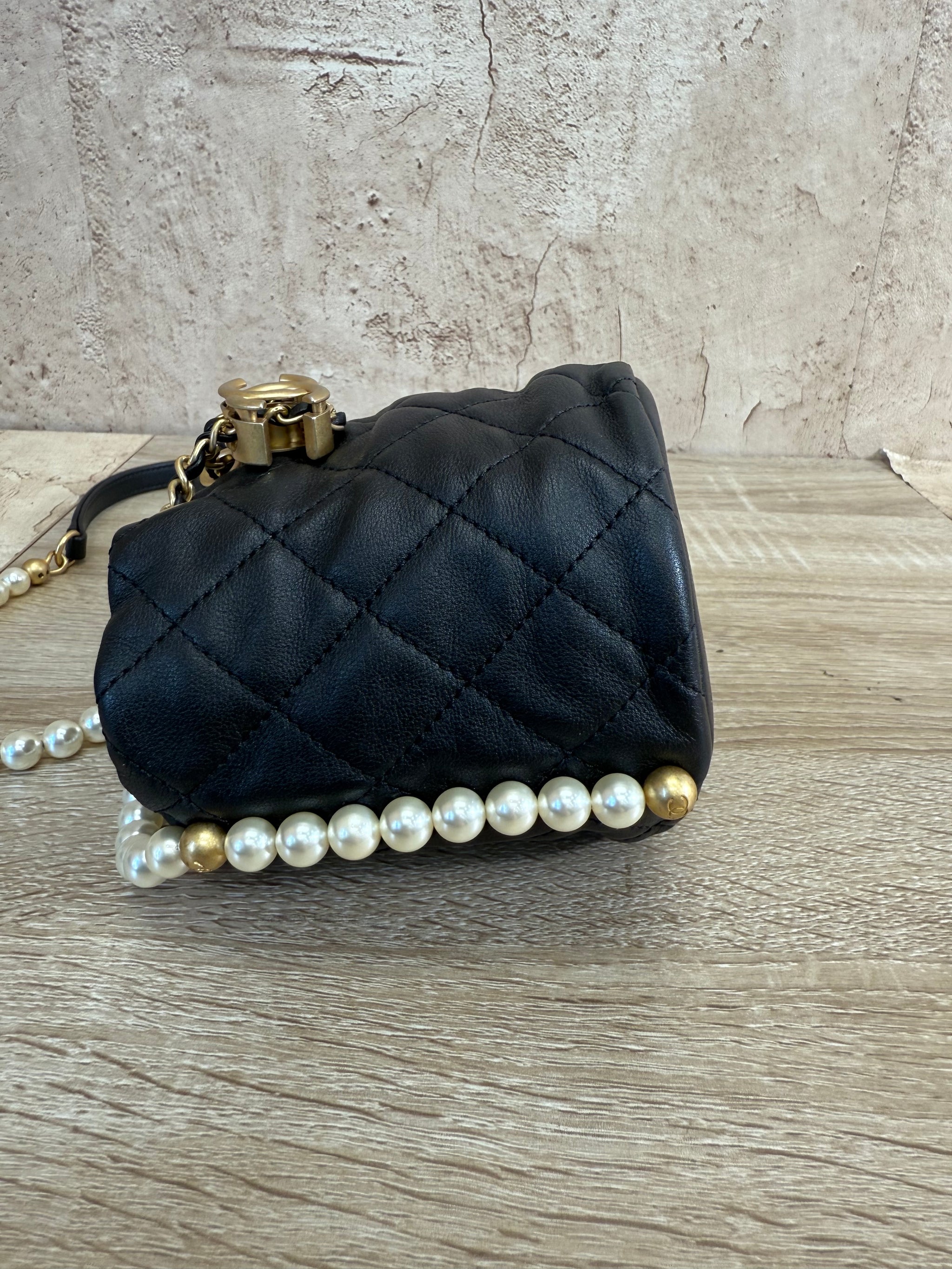 Chanel Black Leather Mini About Pearls Bucket Bag