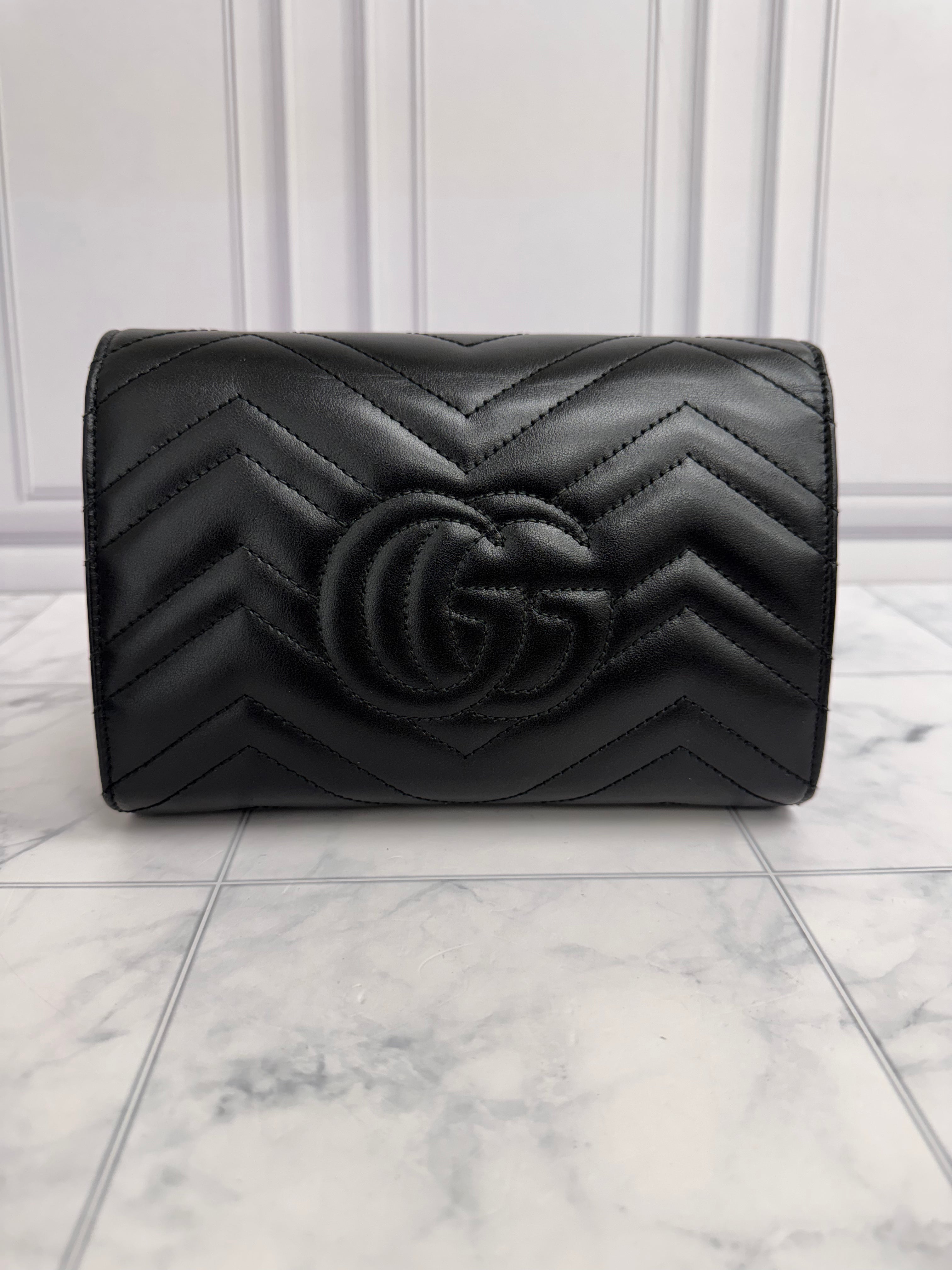 Gucci Black Chevron Quilted Leather GG Marmont Wallet On A Chain