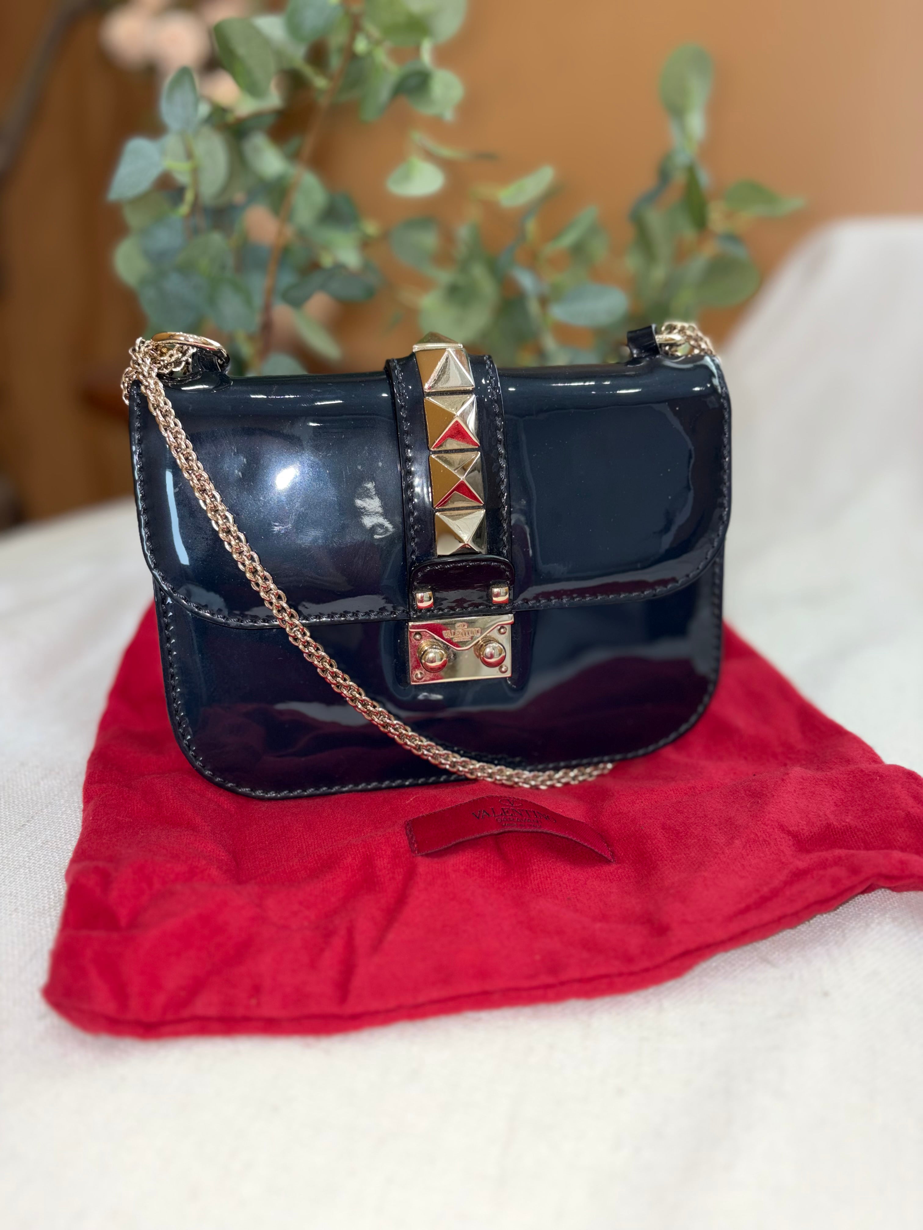 Valentino Navy Patent Leather Glam Lock Rockstud Crossbody