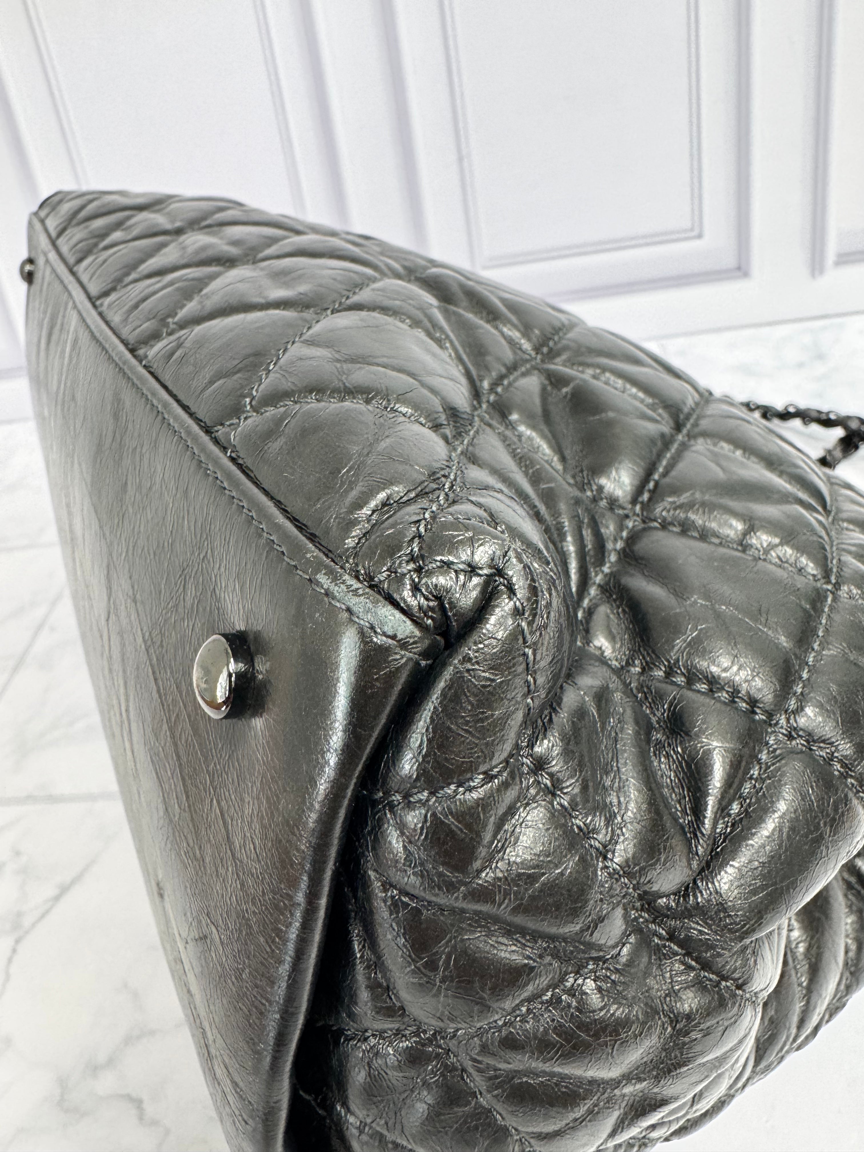 Chanel Metallic Gunmetal Diamond Quilted Leather Chain Me Small Tote Bag