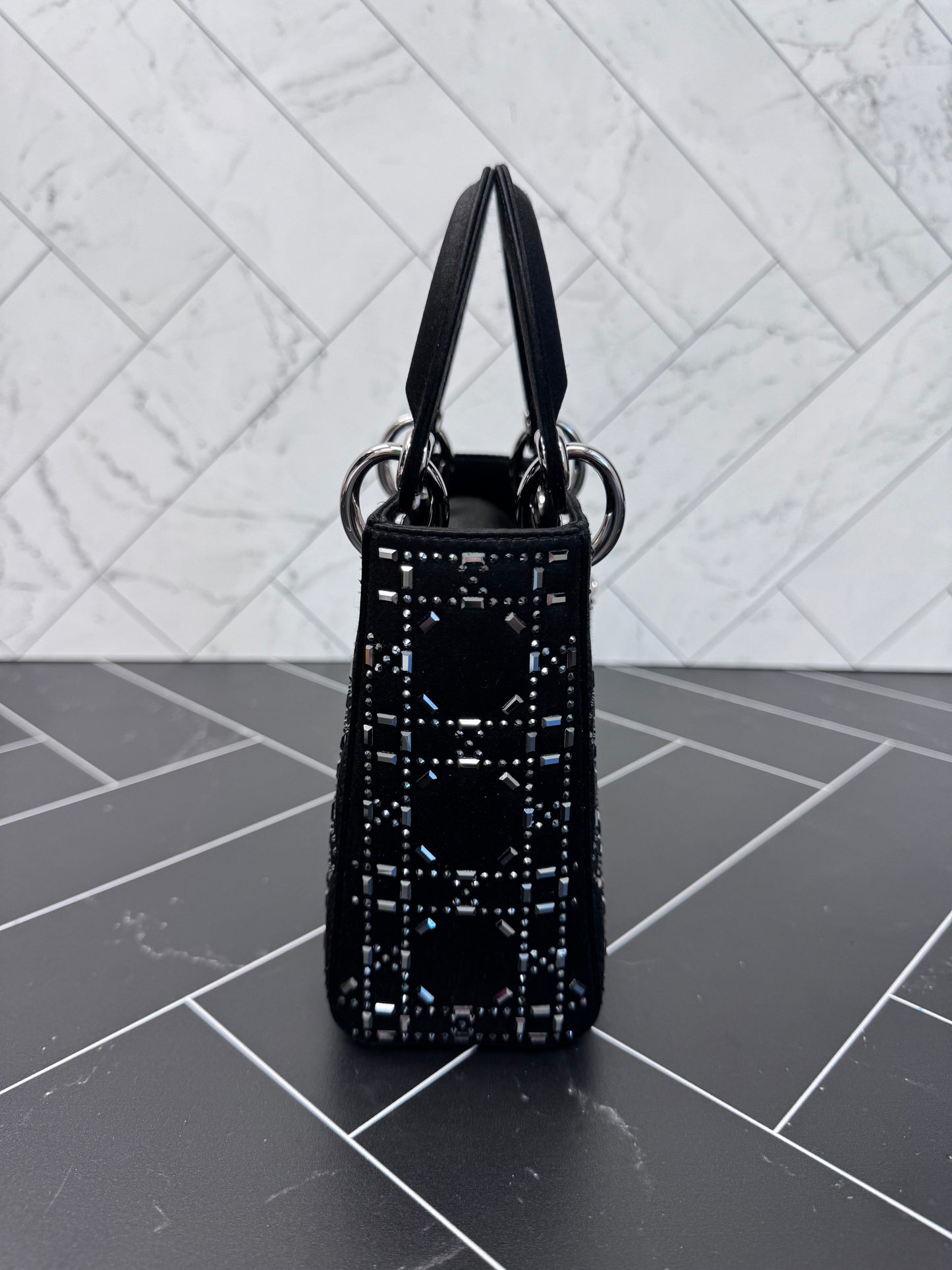 LIKE NEW Christian Dior Mini Black Strass Connage Satin Lady Dior