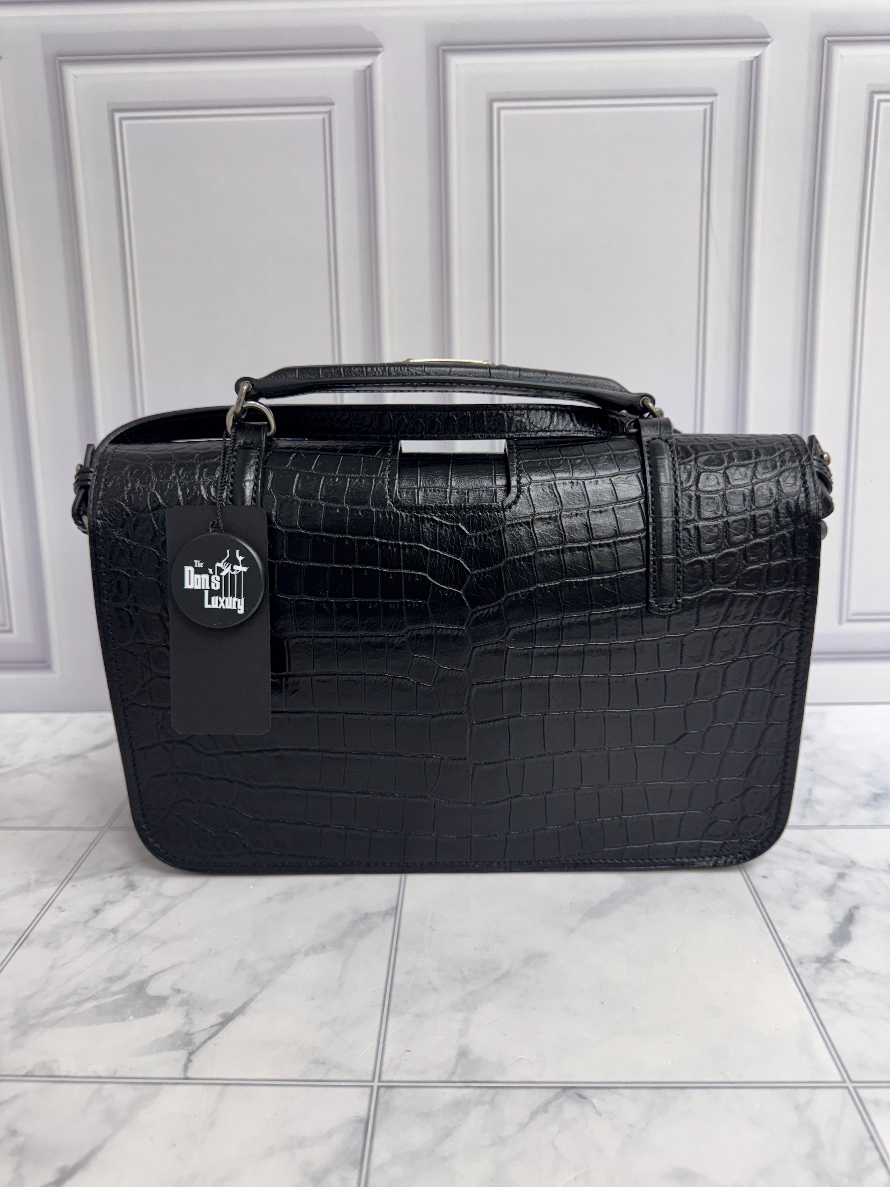 Saint Laurent YSL Black Croc Embossed Leather Charlotte Messenger Bag