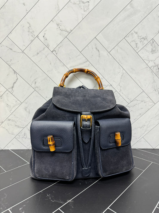 Gucci Navy Blue Suede Bamboo Small Backpack