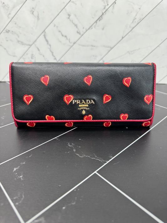Prada Saffiano Black Hearts Leather Long Wallet