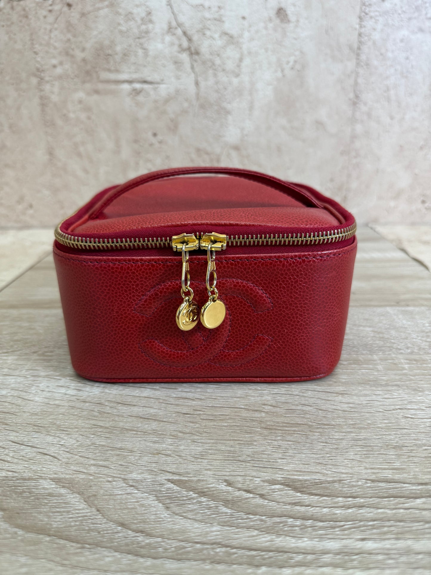 Chanel Red Caviar Top Handle Vanity Pouch