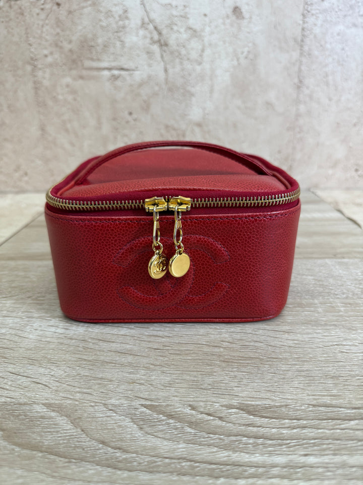 Chanel Red Caviar Top Handle Vanity Pouch