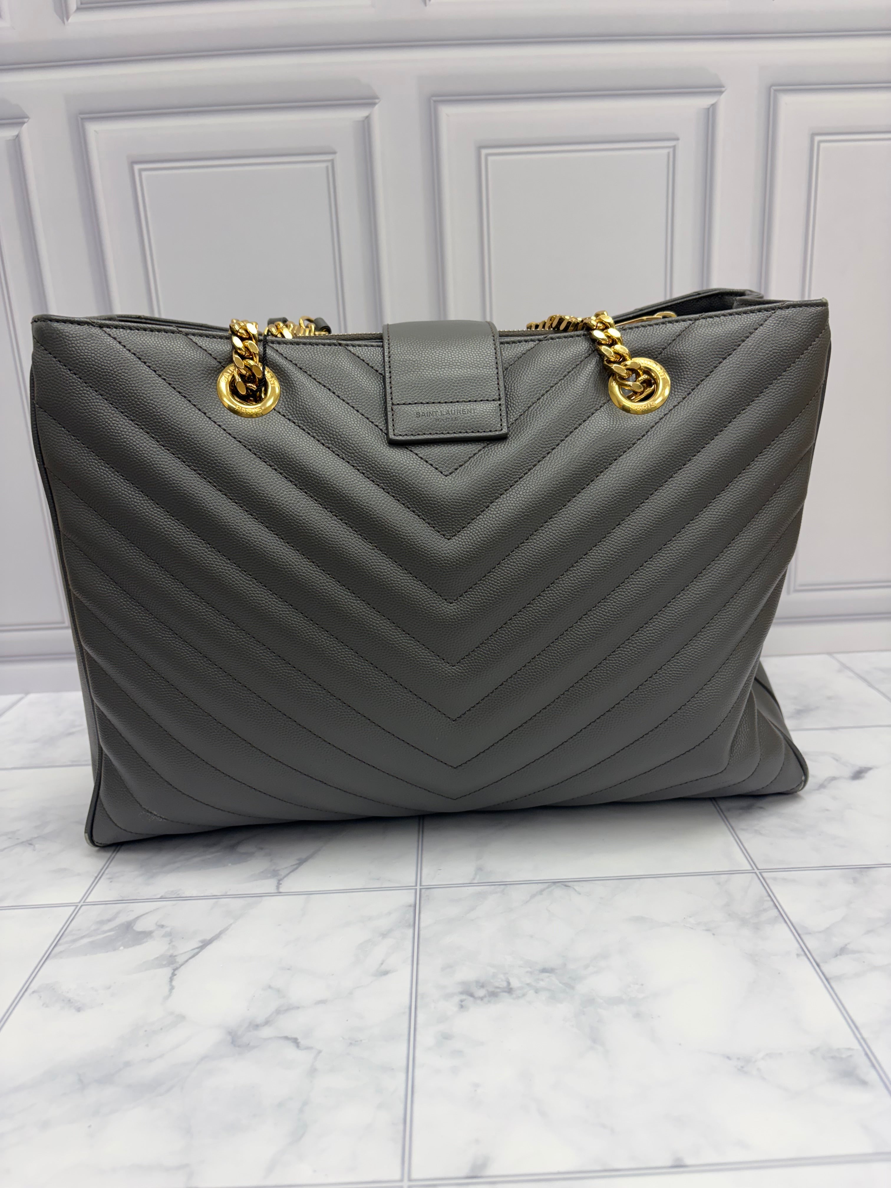 Saint Laurent YSL Grey Caviar Shopping Tote