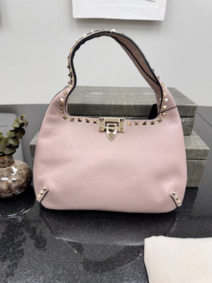 LIKE NEW - Valentino Beige Grained Leather Small Rockstud Flip Lock Hobo Bag