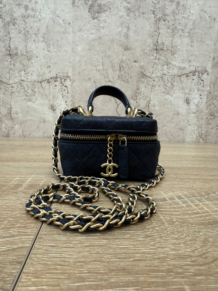 Chanel Black Caviar Quilted Mini Top Handle Vanity With Chain