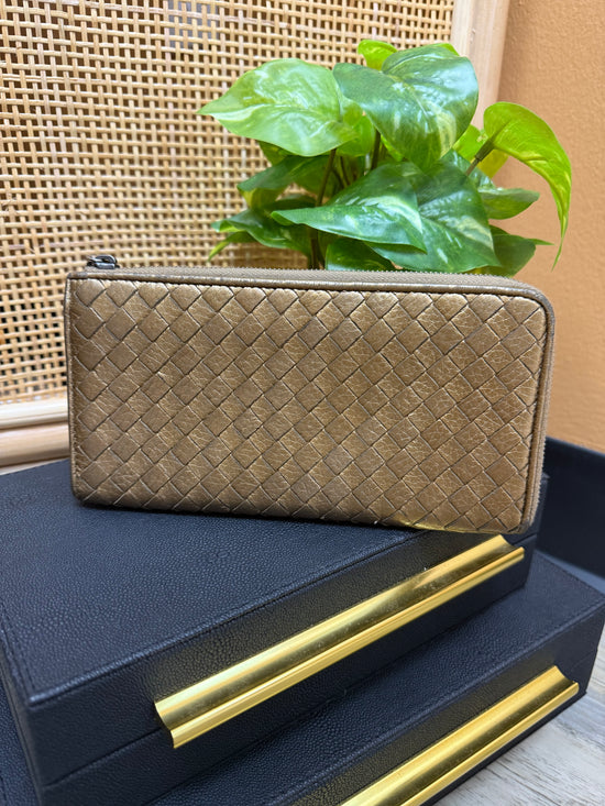 Bottega Veneta Gold Intrecciato Leather Zip-Around Wallet