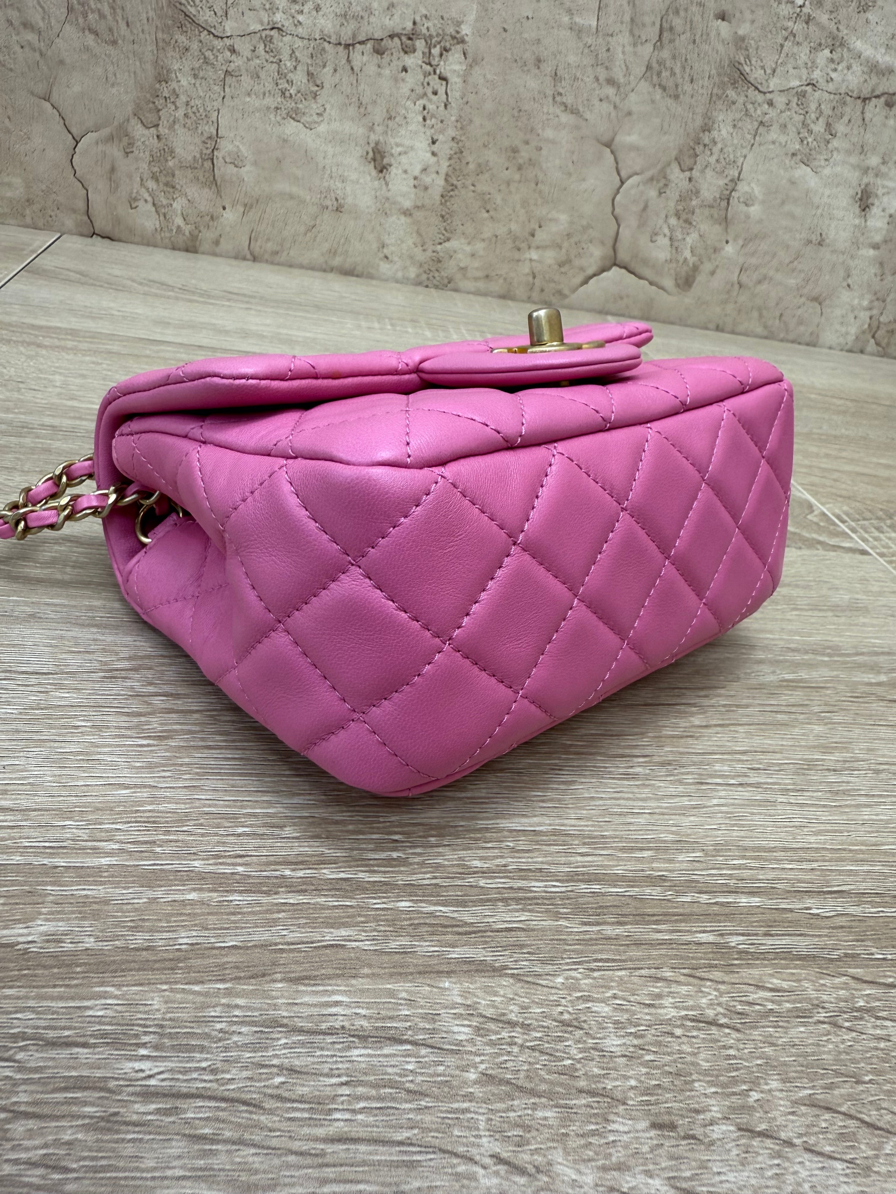 LIKE NEW- Chanel Pink Quilted Lambskin Mini Square Pearl Crush Flap Bag