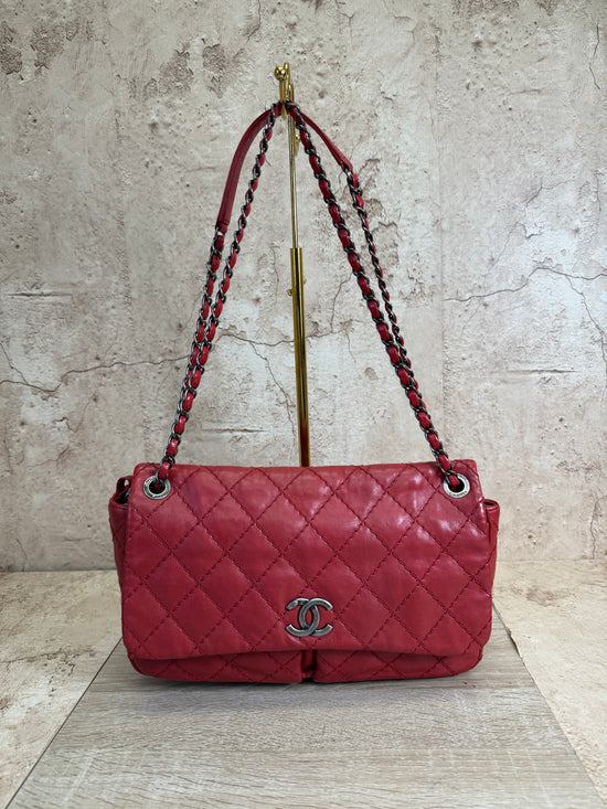 Chanel Red Double Pocket Stitch Chain Crossbody Bag