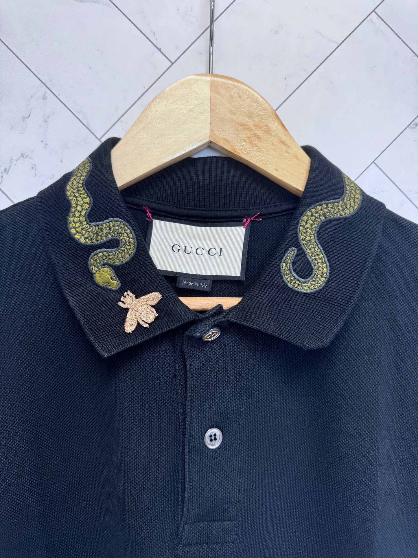 Gucci Black Snake & Bee Embroidered Polo Size Medium