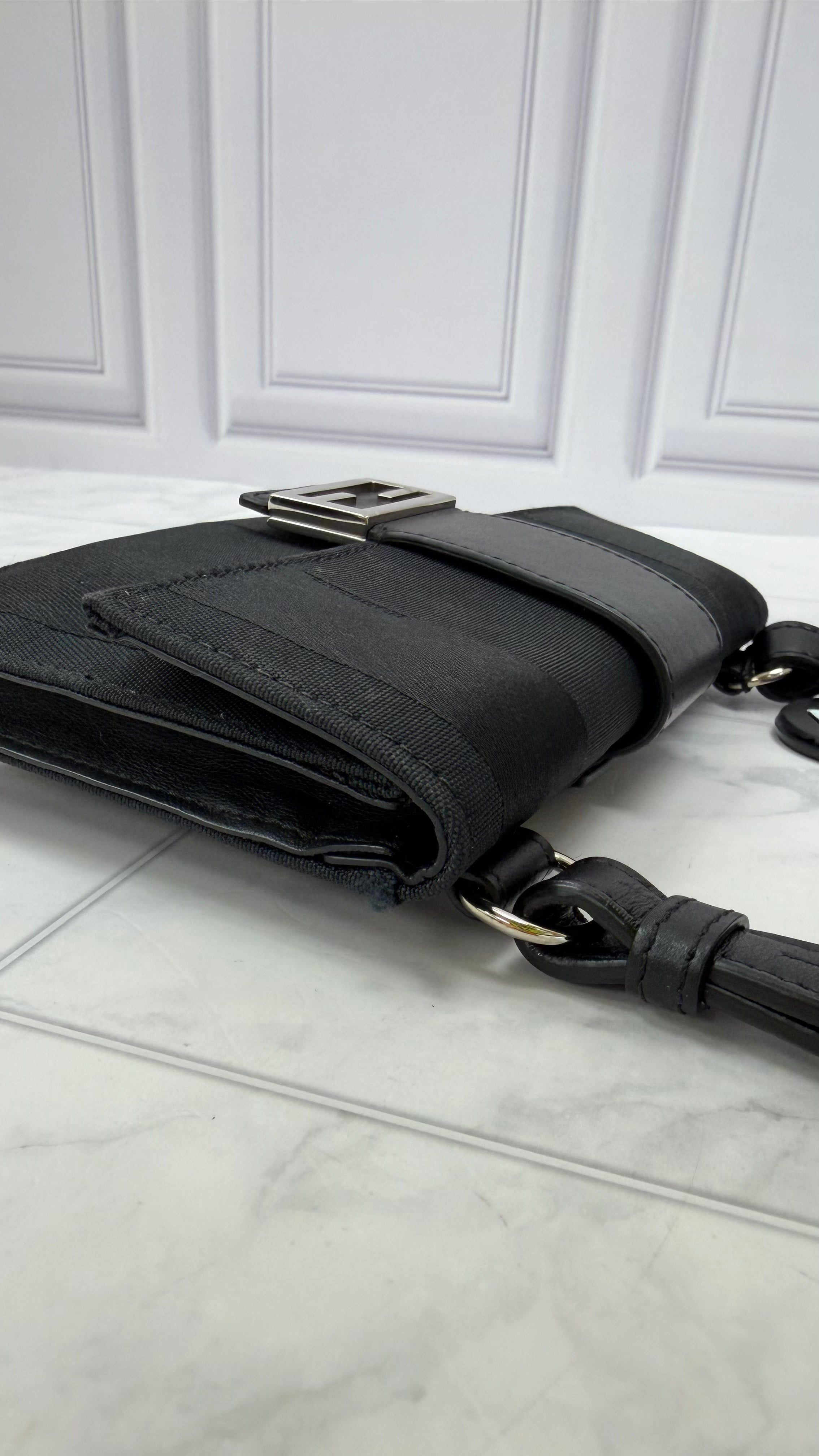 Fendi Black Striped Canvas Convertible Baguette Crossbody Pouch