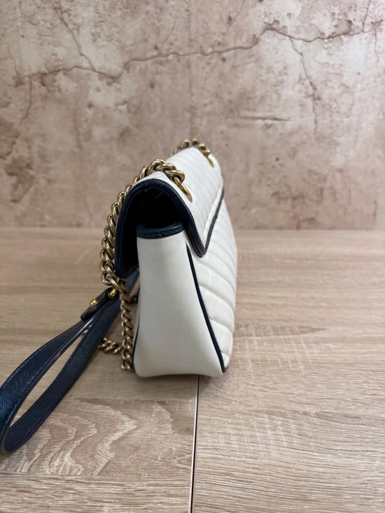 Gucci White And Navy GG Marmont Medium Flap Bag