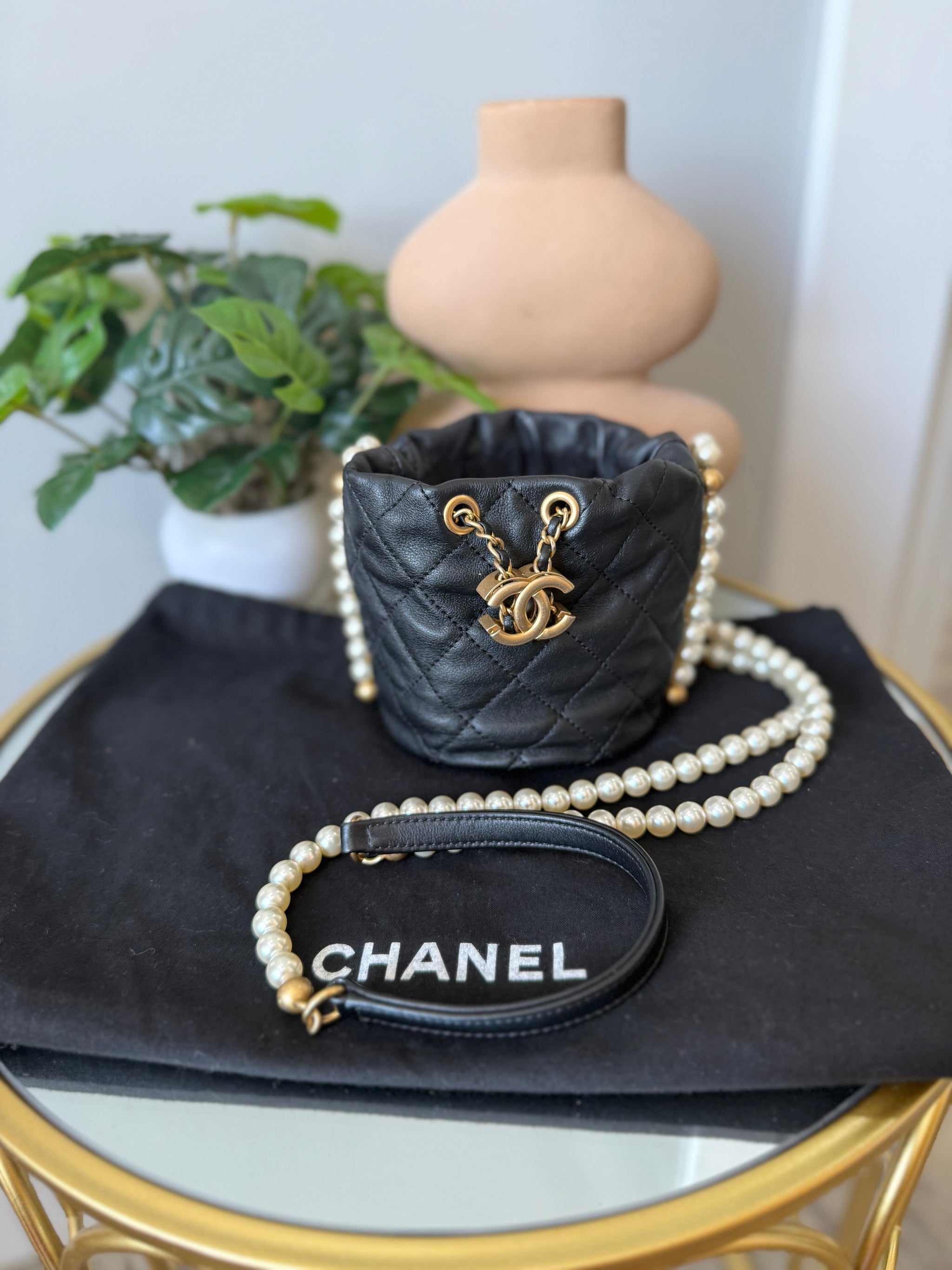 Chanel Black Leather Mini About Pearls Bucket Bag