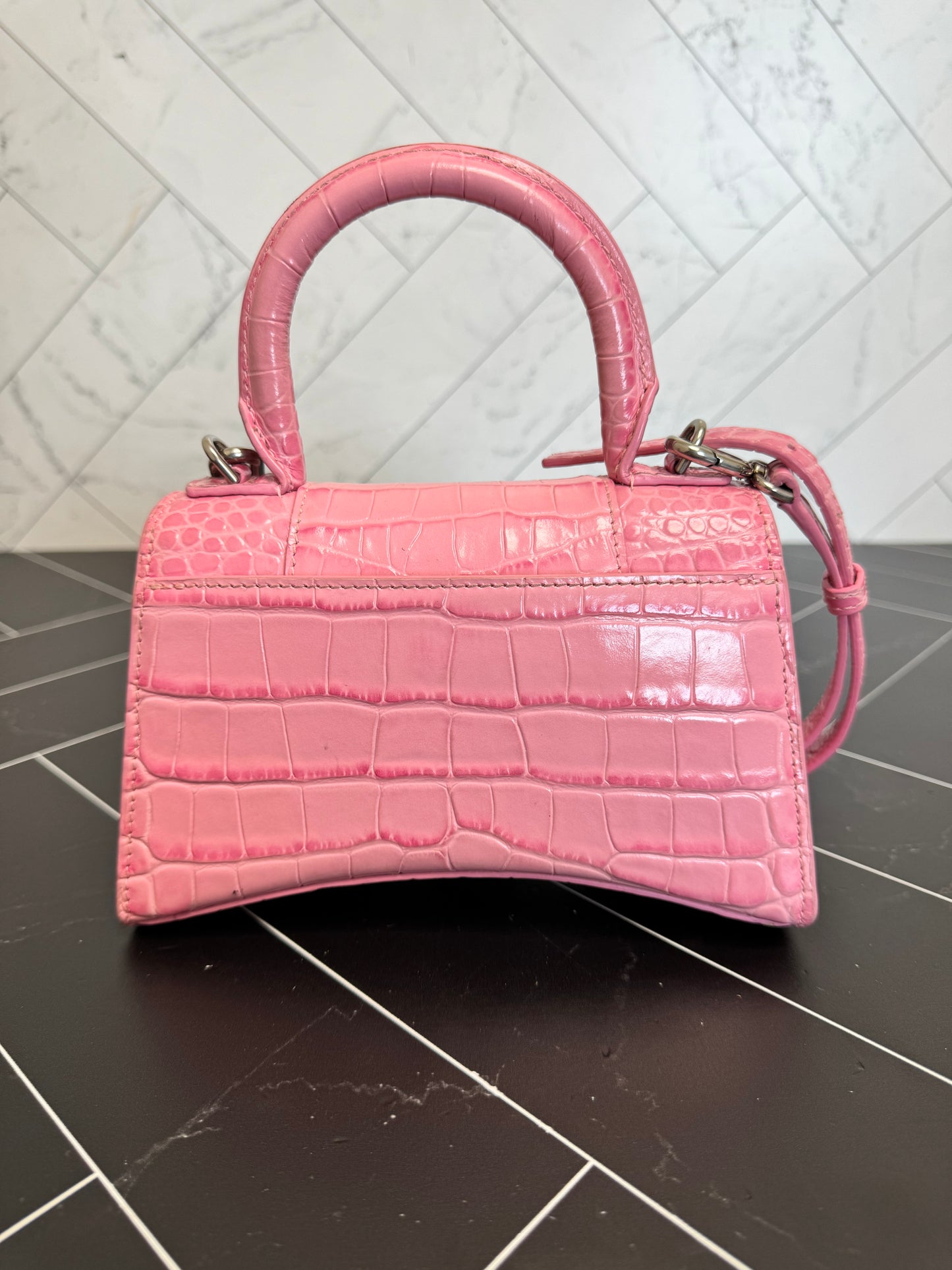 Balenciaga Pink Croc Embossed 2Way XS Hourglass Bag