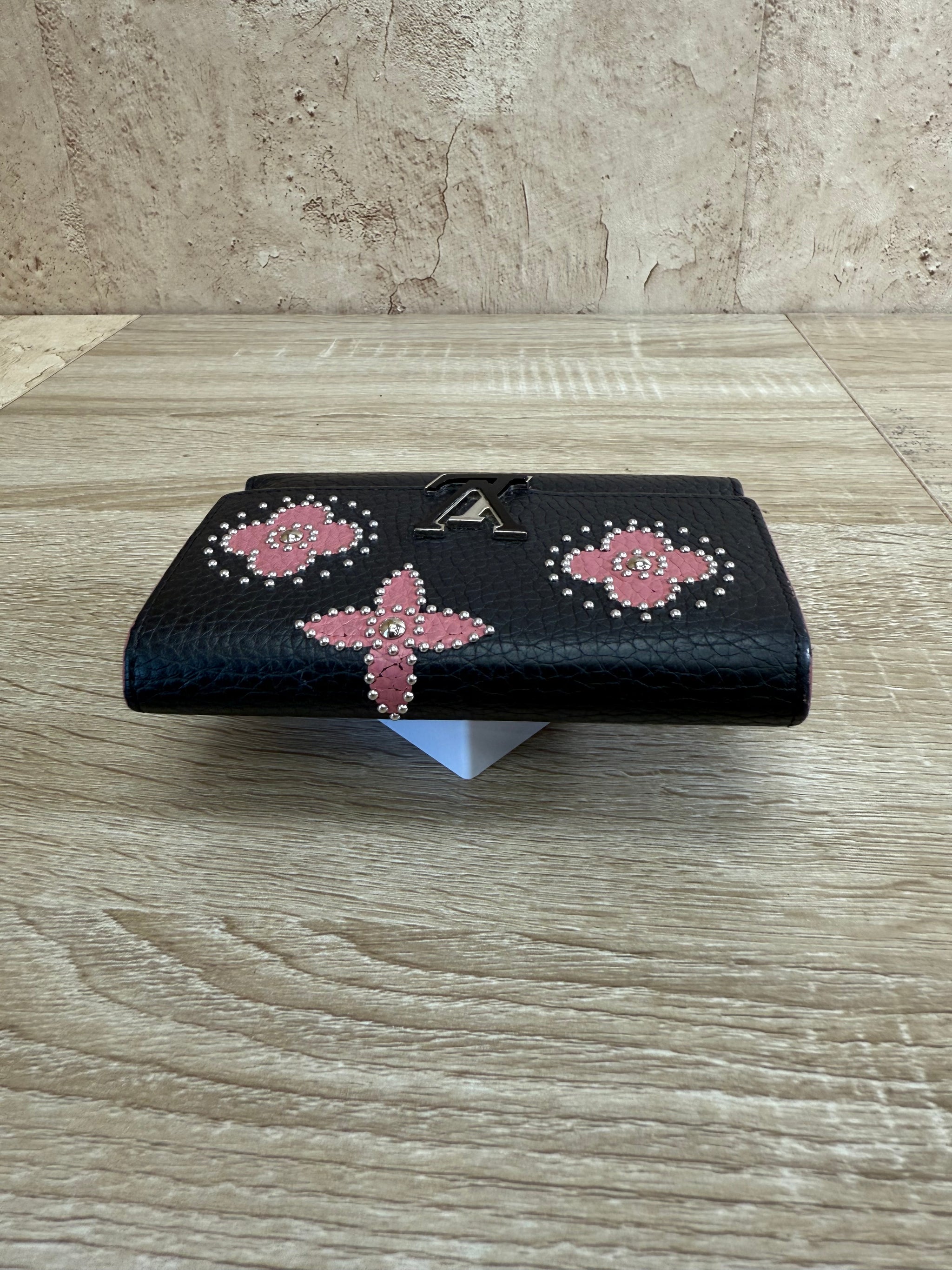Louis Vuitton Black Leather Capucines Floral Compact Wallet