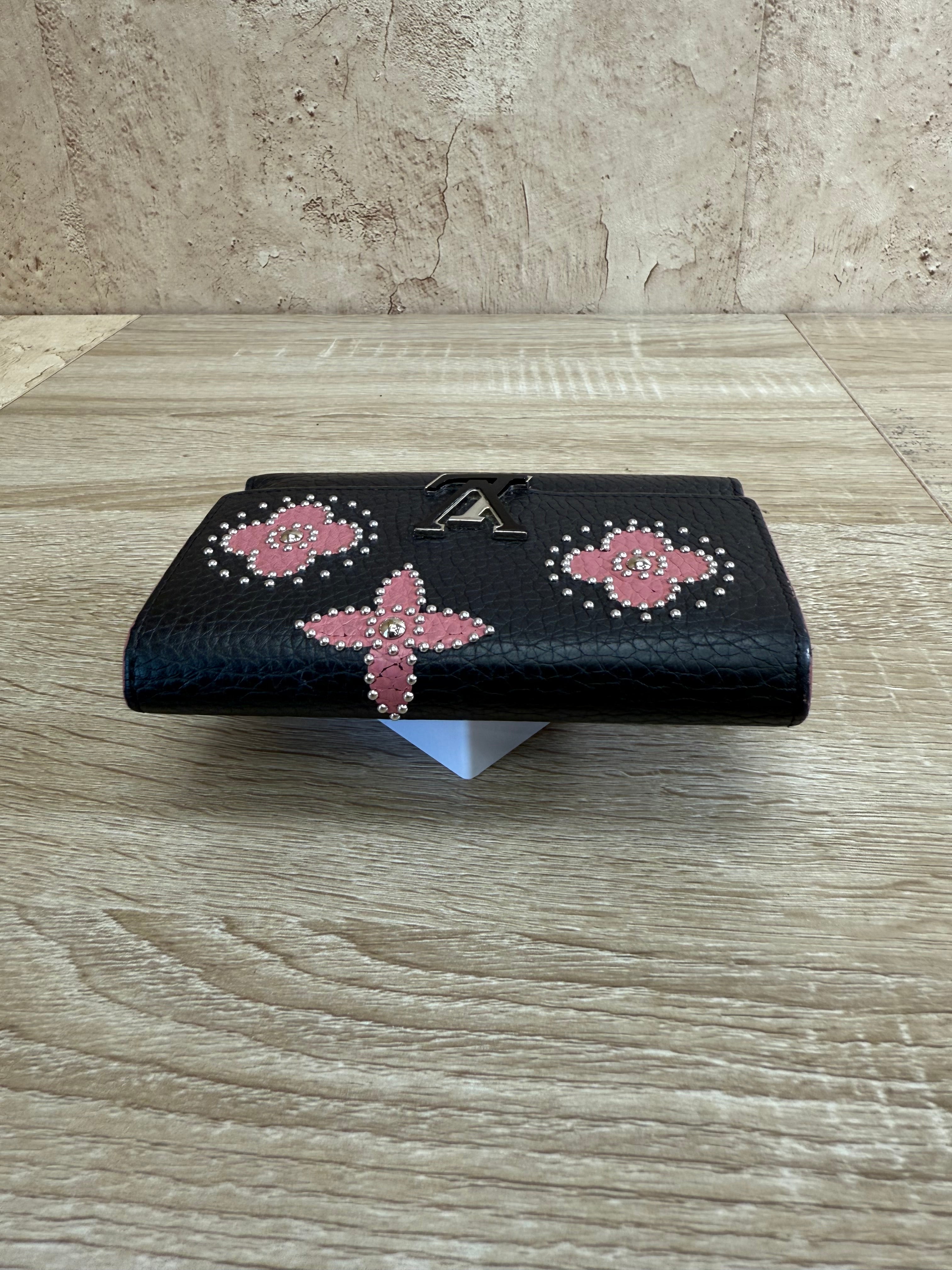 Louis Vuitton Black Leather Capucines Floral Compact Wallet