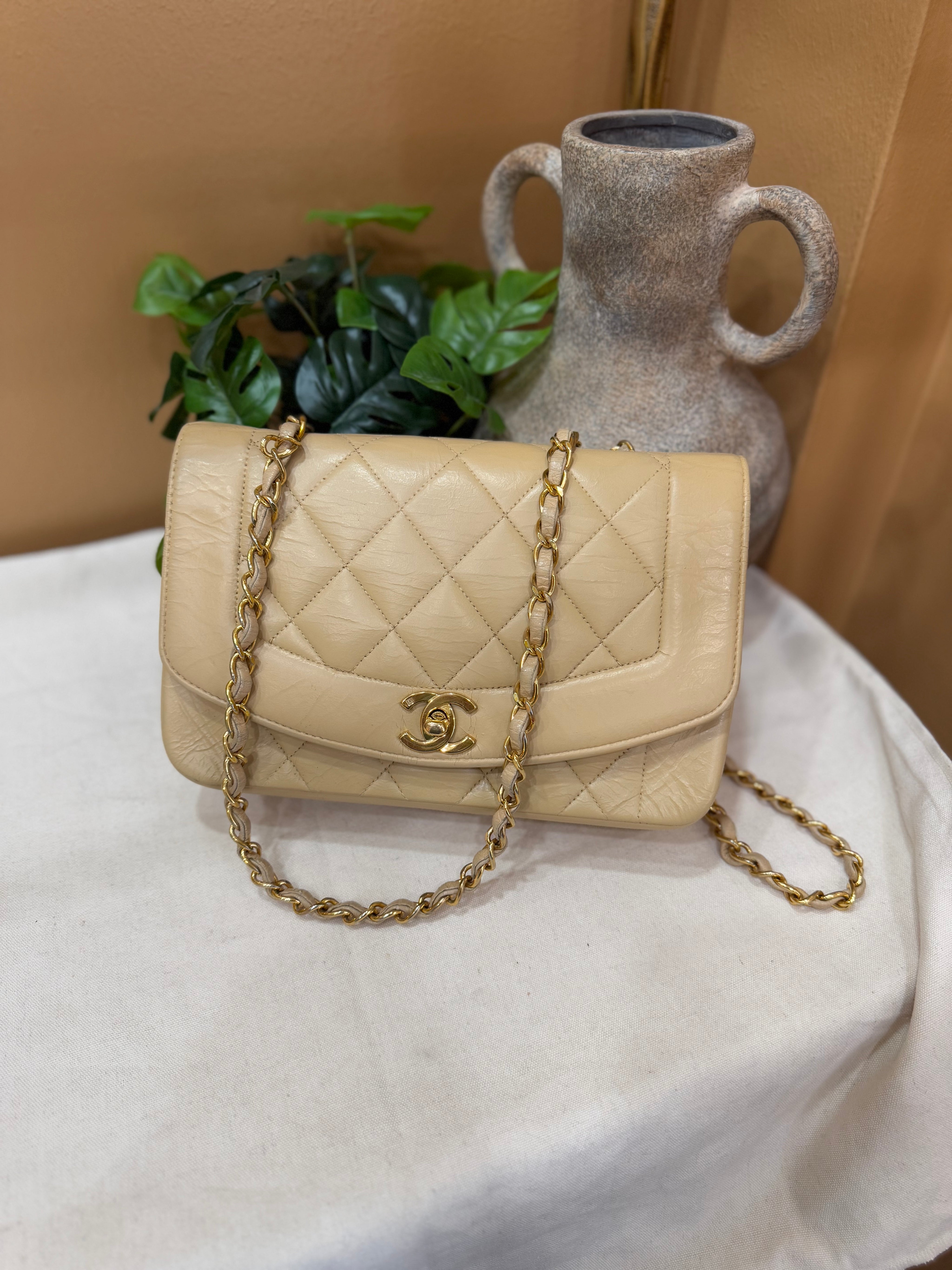 Chanel Vintage Quilted Beige Lambskin Diana Flap Bag