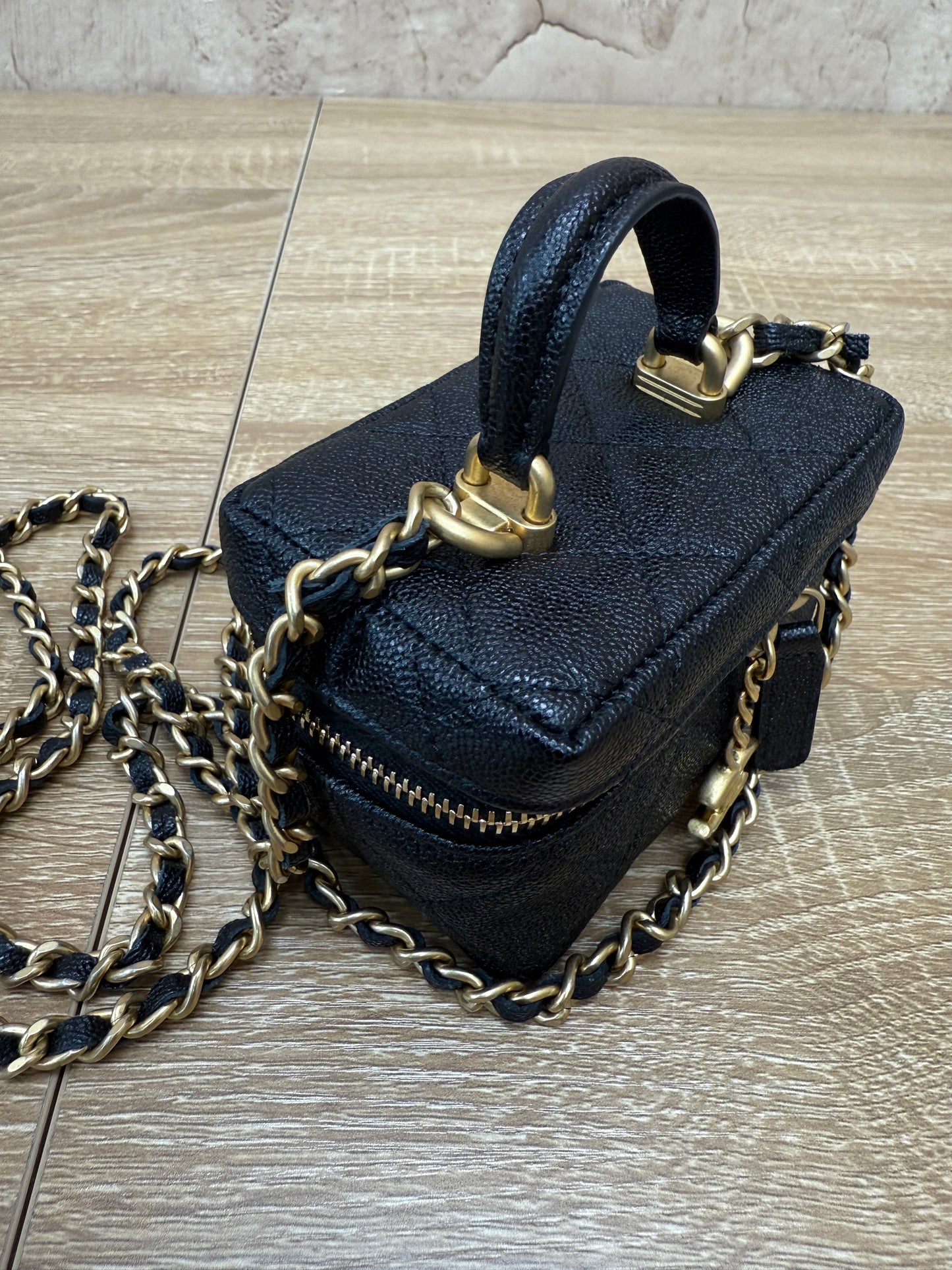 Chanel Black Caviar Quilted Mini Top Handle Vanity With Chain