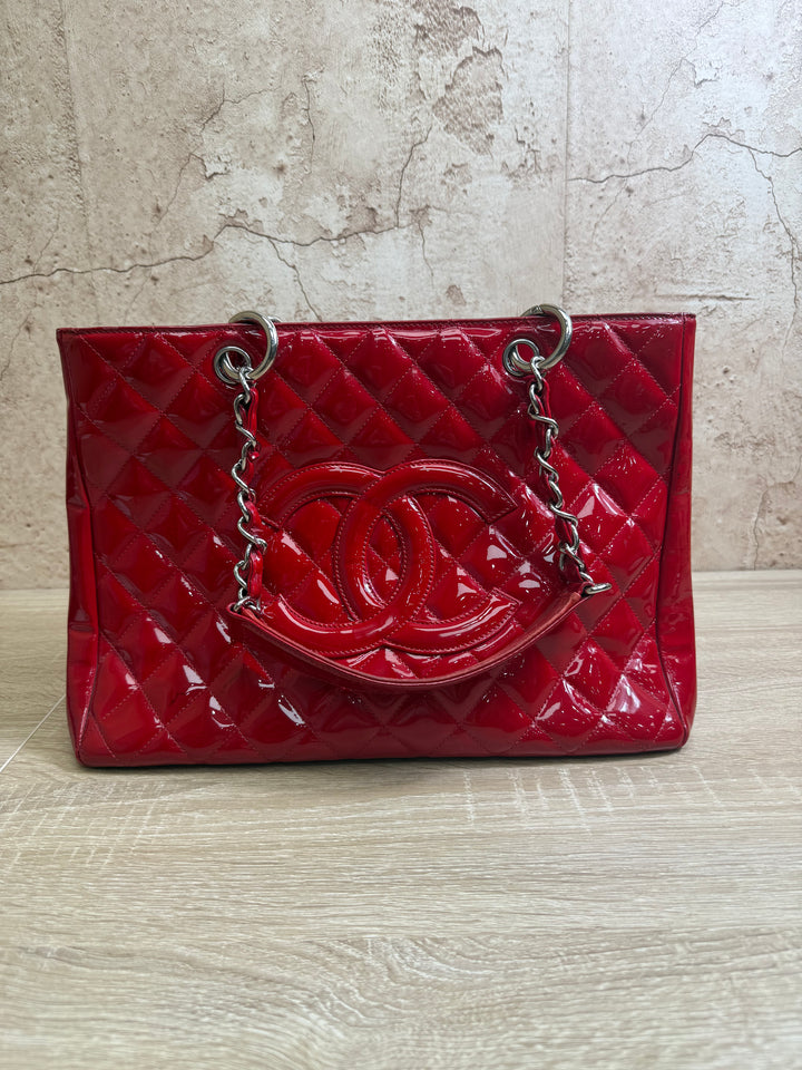 Chanel Red Quilted Patent Leather Grand Shopping Tote Bag