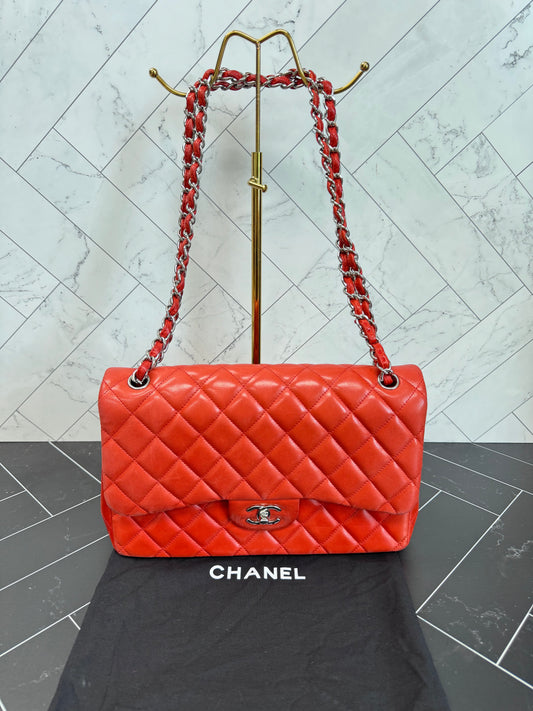 Chanel Orange/Red Lambskin Quilted Large Double Flap