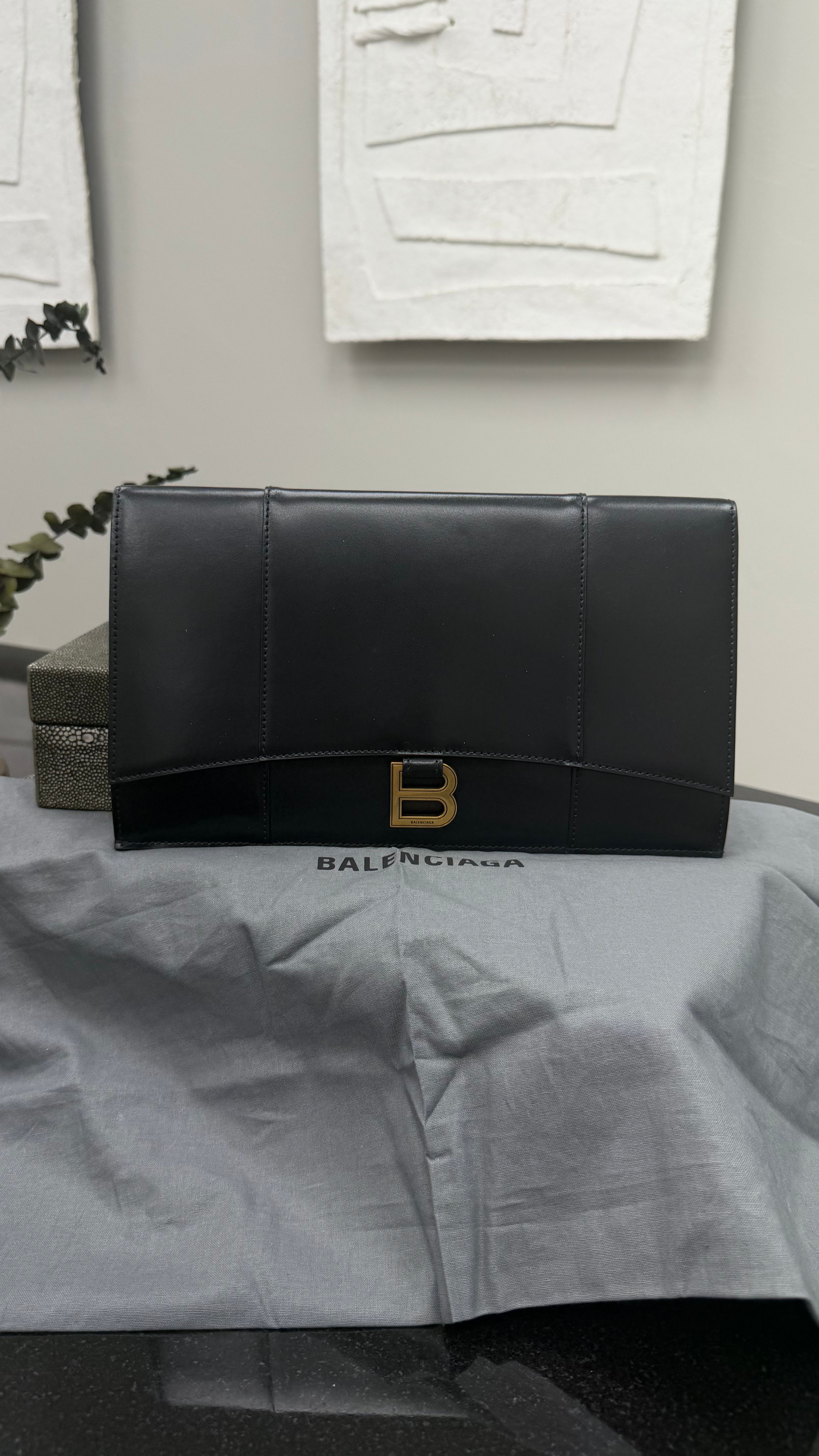 Balenciaga Black Leather Flat Hourglass Clutch