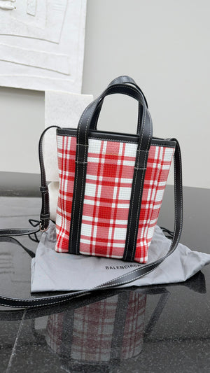 LIKE NEW- Balenciaga Red & White Plaid Leather Small Shopper Tote
