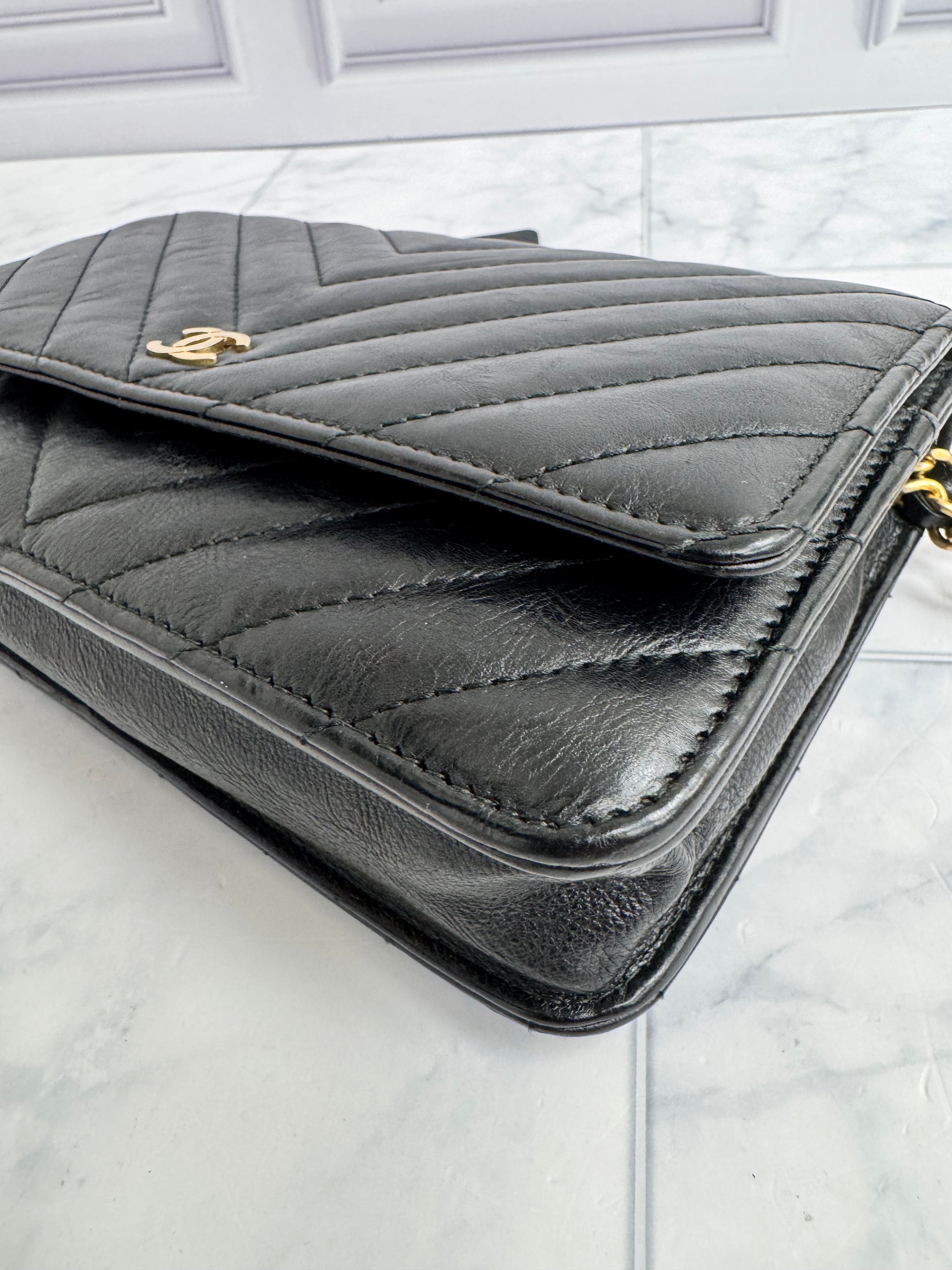 Chanel Black Chevron Quilted Wallet On A Chain