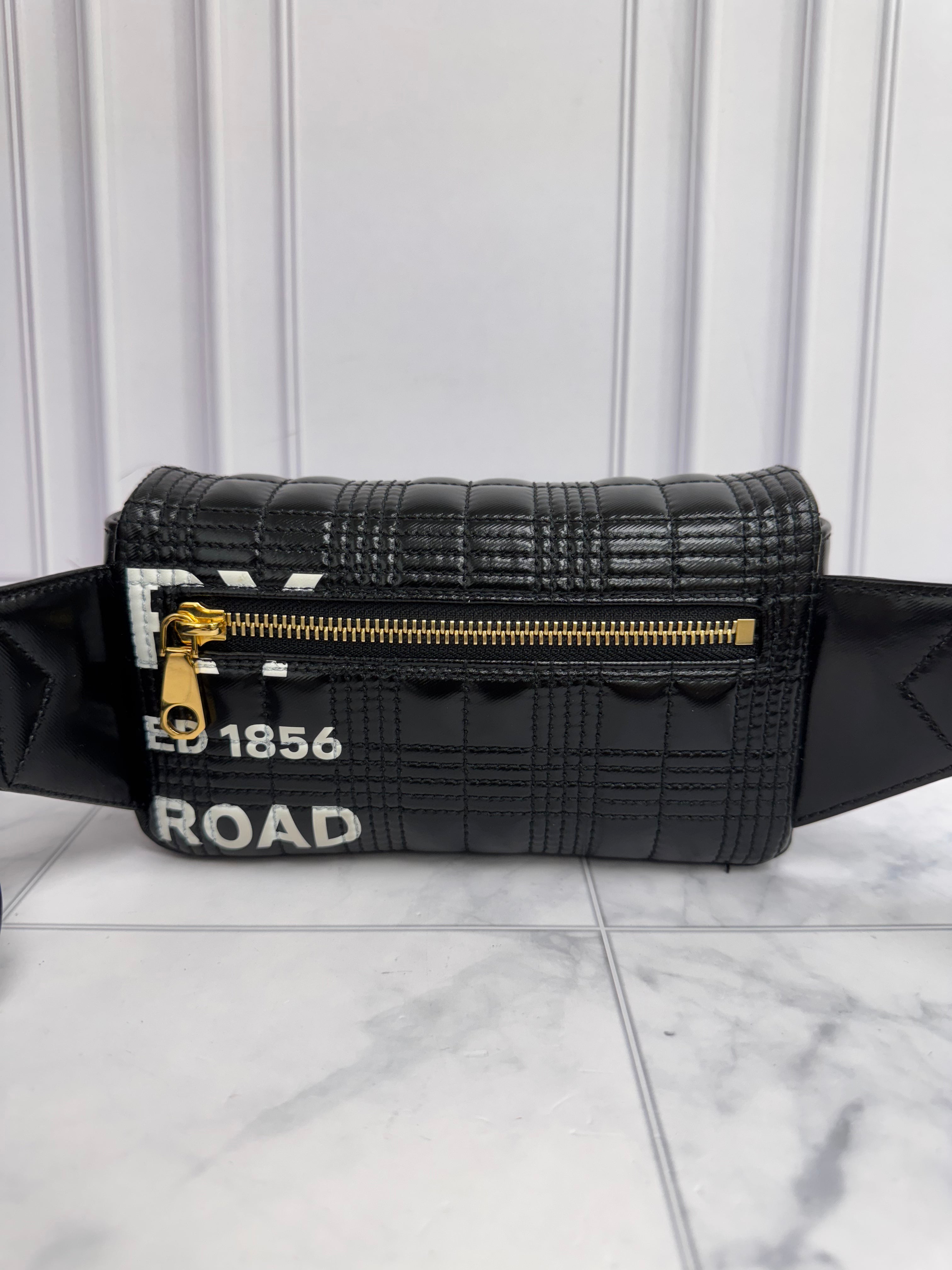 LIKE NEW - Burberry Black And White Quilted Patent Leather Horseferry Belt Bag
