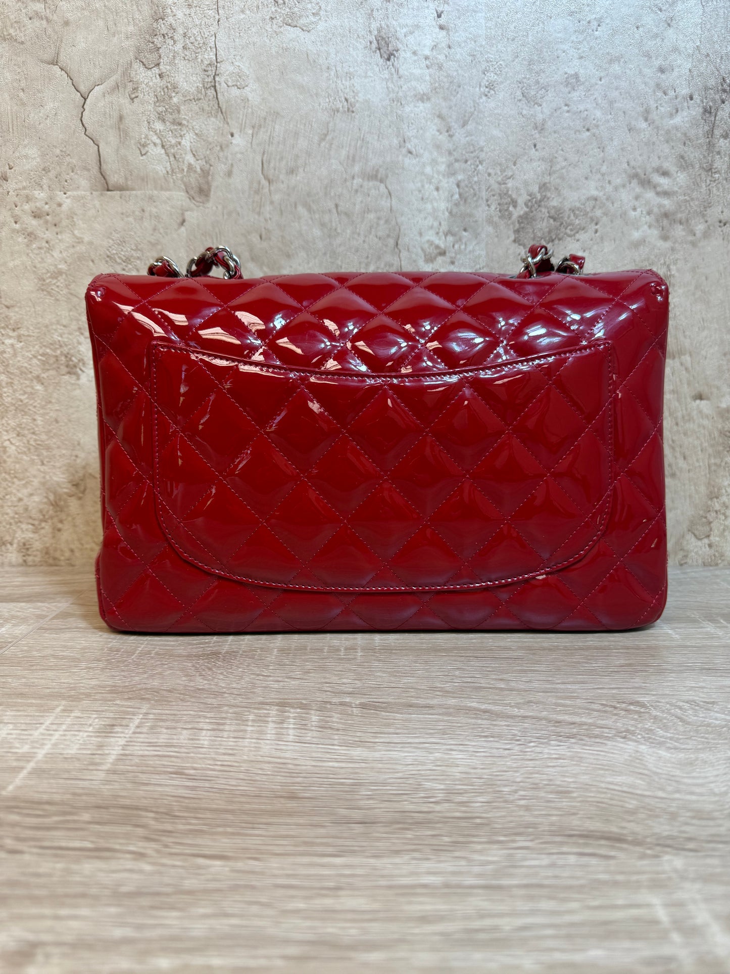 Chanel Red Patent Leather Jumbo Classic Flap