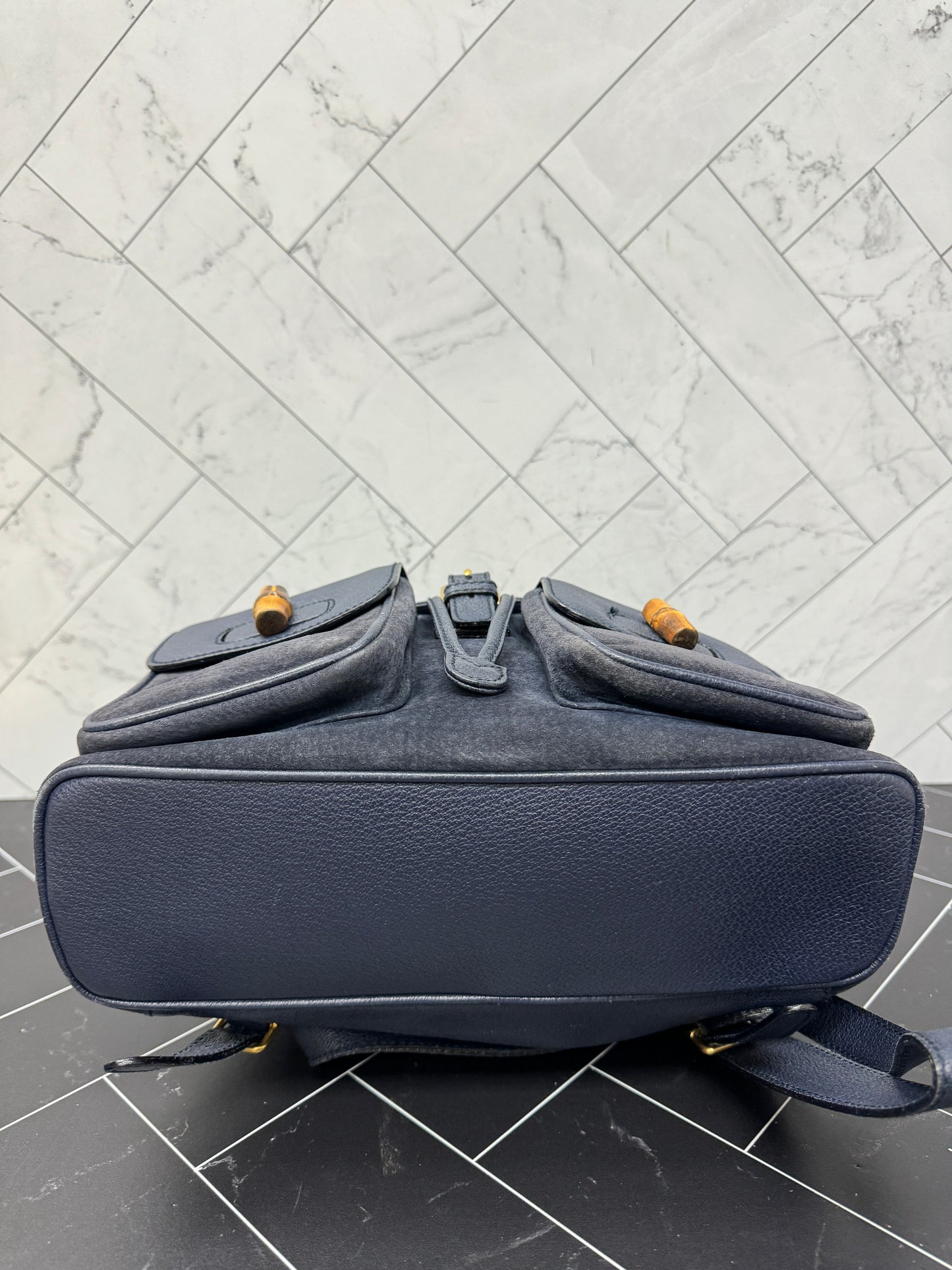 Gucci Navy Blue Suede Bamboo Small Backpack