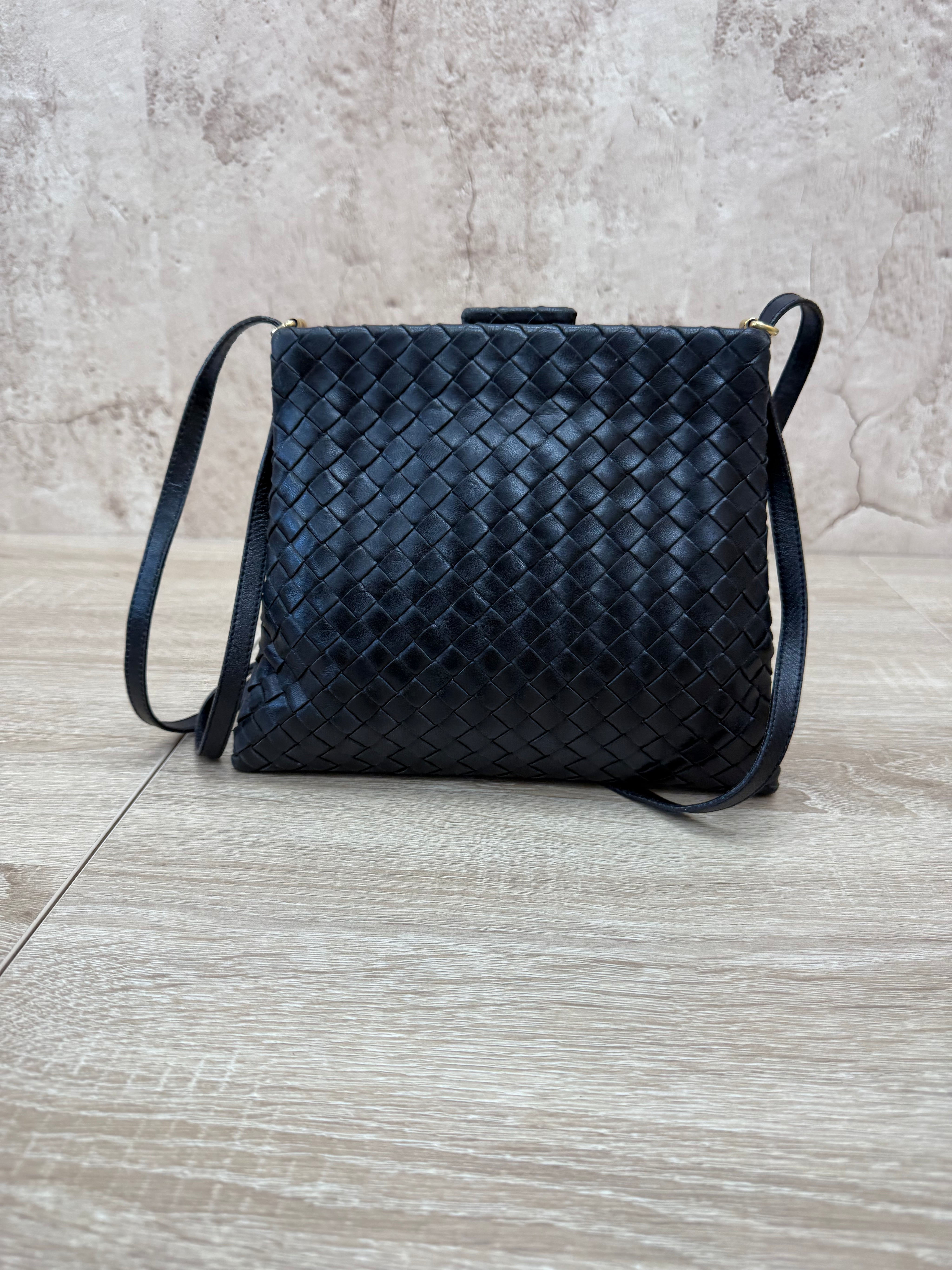 Bottega Veneta Vintage Black Intrecciato Leather Shoulder Bag