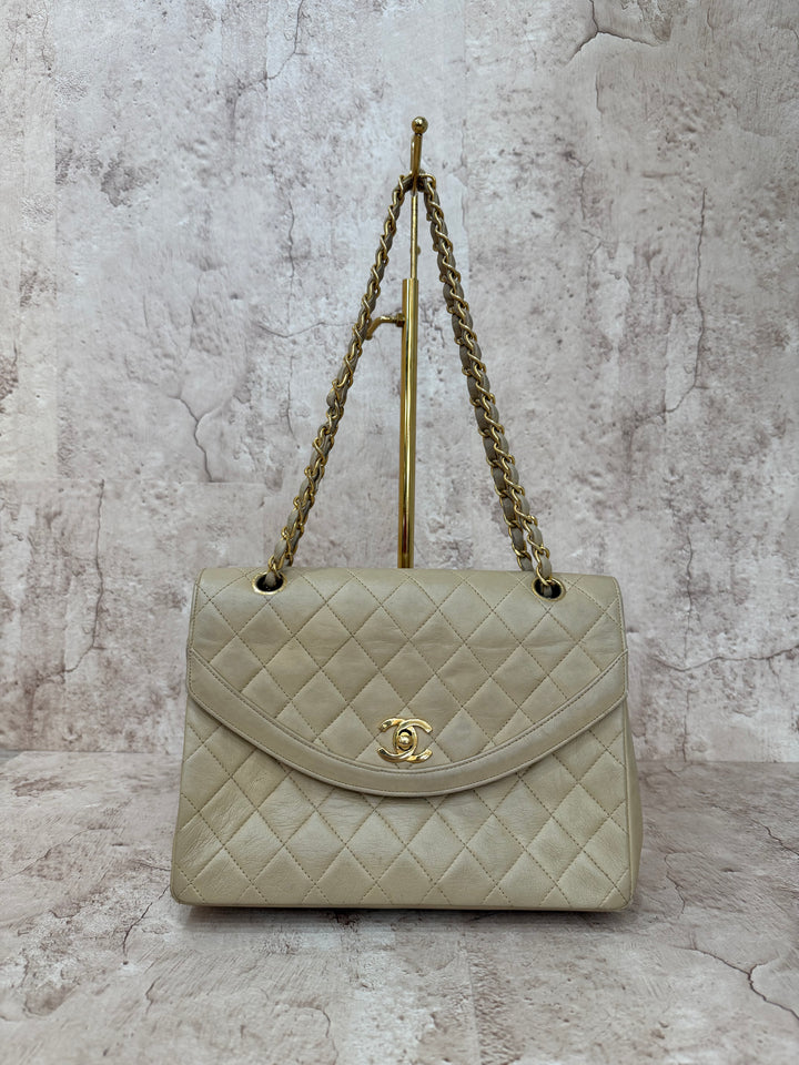 Chanel Beige Calfskin Leather Medium Square Single Flap