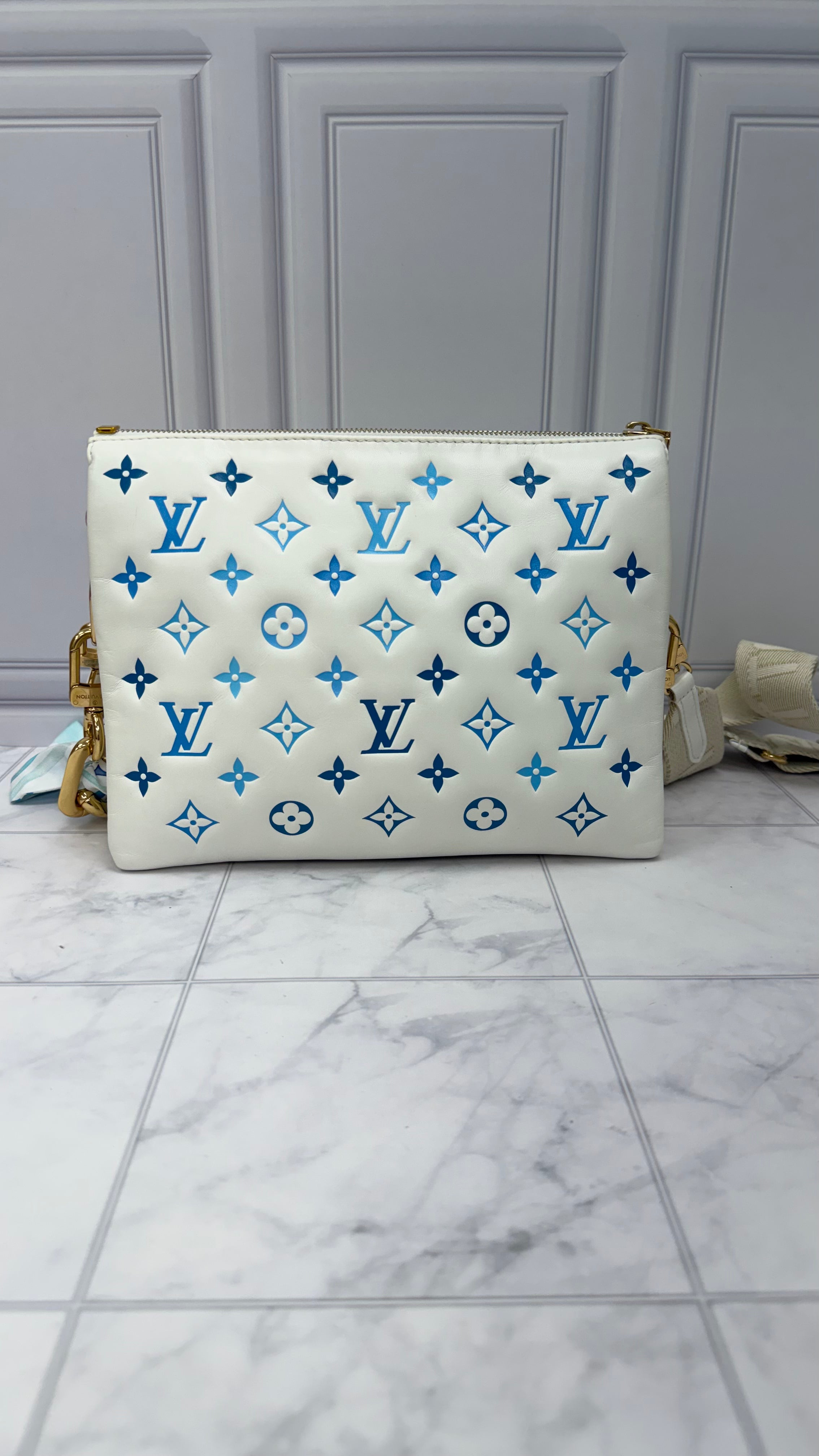 Louis Vuitton White & Blue Embossed Lambskin Leather By The Pool Coussin PM