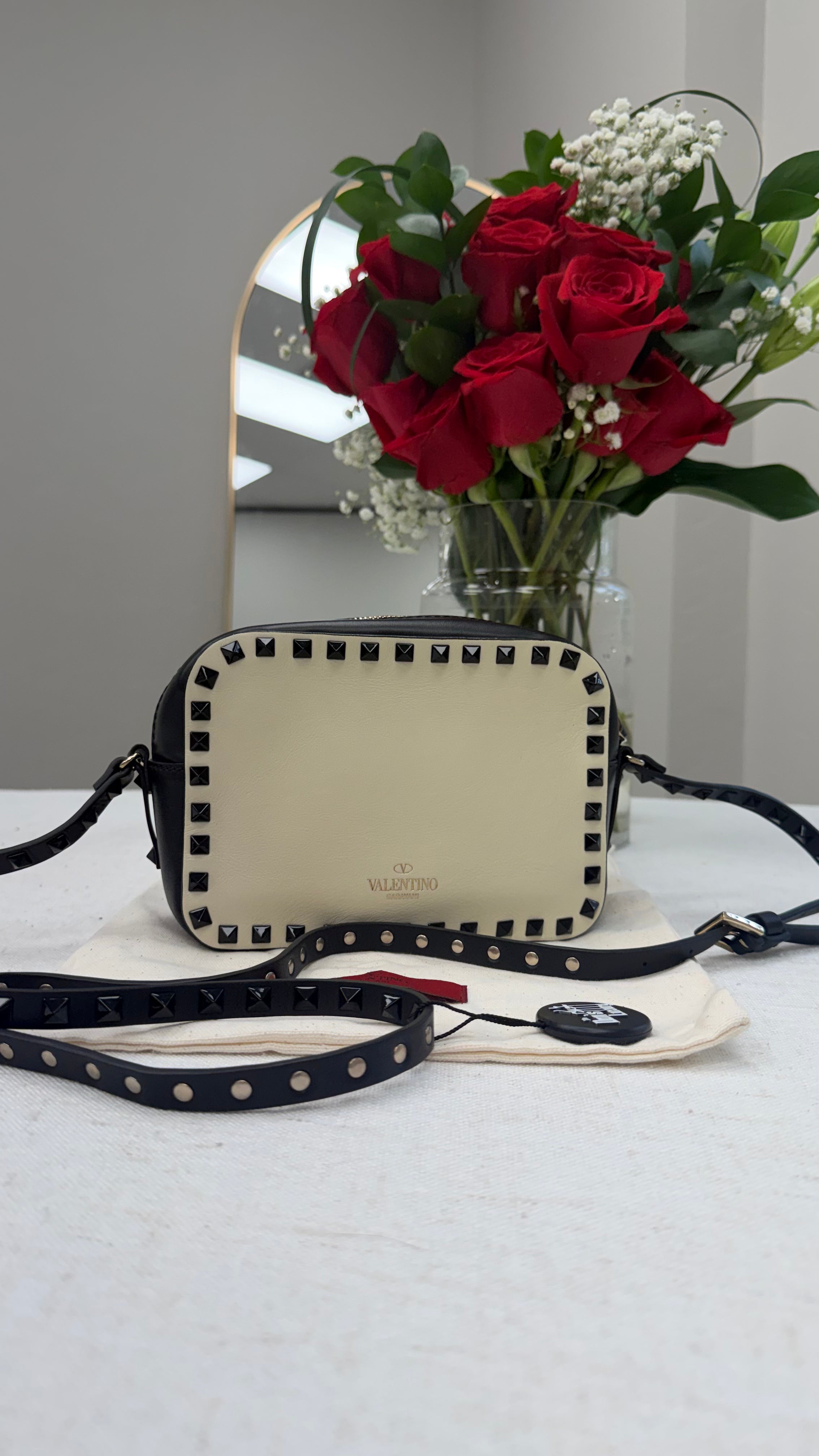 Valentino Off White & Black Leather Rockstud Camera Bag
